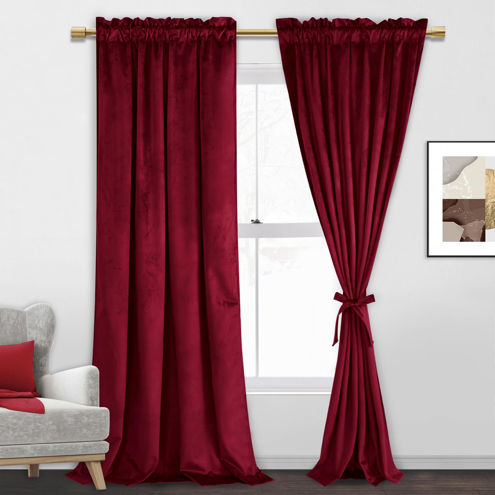 Jiuzhen Red Velvet Curtains For Party - Thermal Insualted Room Darkening Rod Pocket Window Drapes For Living Room/Wedding, Set O