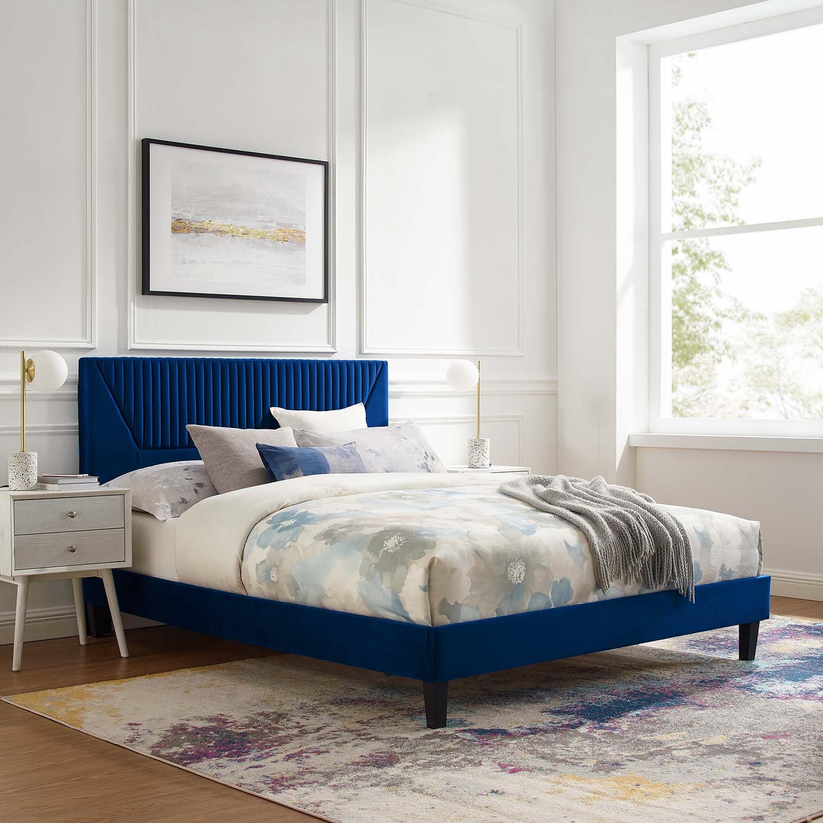 Modway Yasmine Channel Tufted Performance Velvet King Platform Bed in Navy