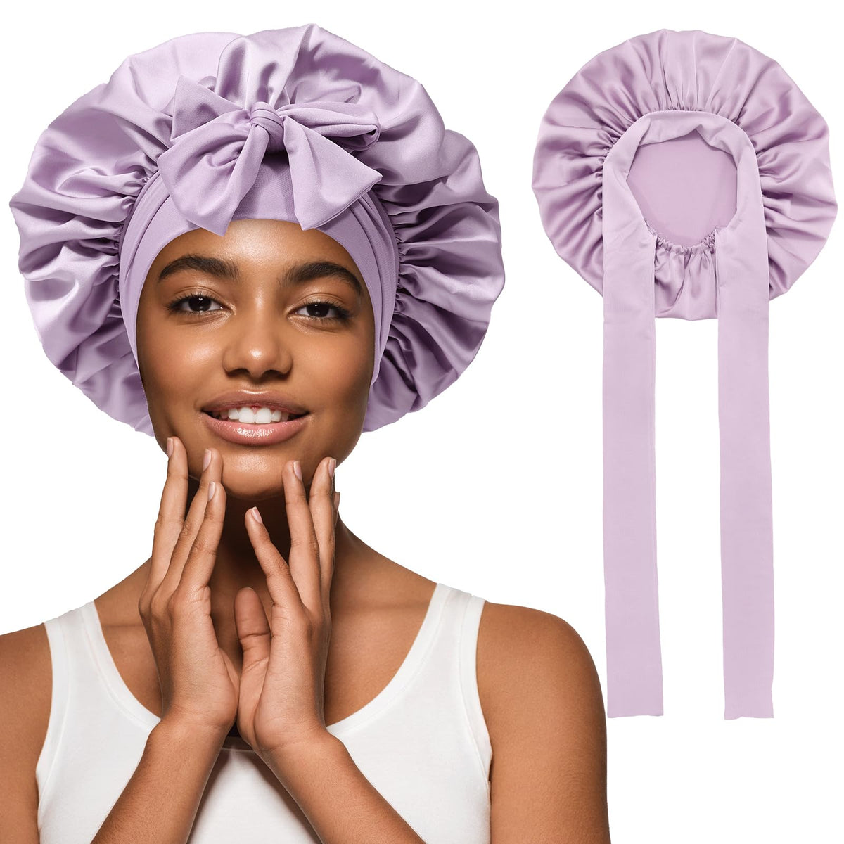Satin Hair Bonnet Wide Band - Silk Like Sleeping Bonnets for Curly Hair Hair Wrap for Night Cap with Tie Band Breathable Satin B