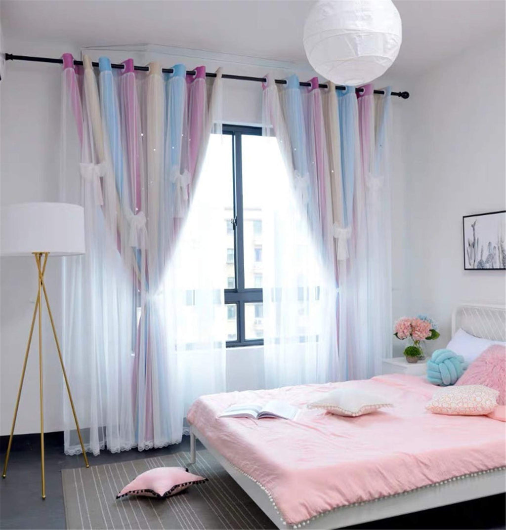 Yancorp Curtains For Girls Bedroom Kids Curtain Hollow-Out Star Window Drapes Curtain 84 Inches Length Room Darkening Grommet 2 Layers,1 Panel (Pink Blue, W52 X L84)