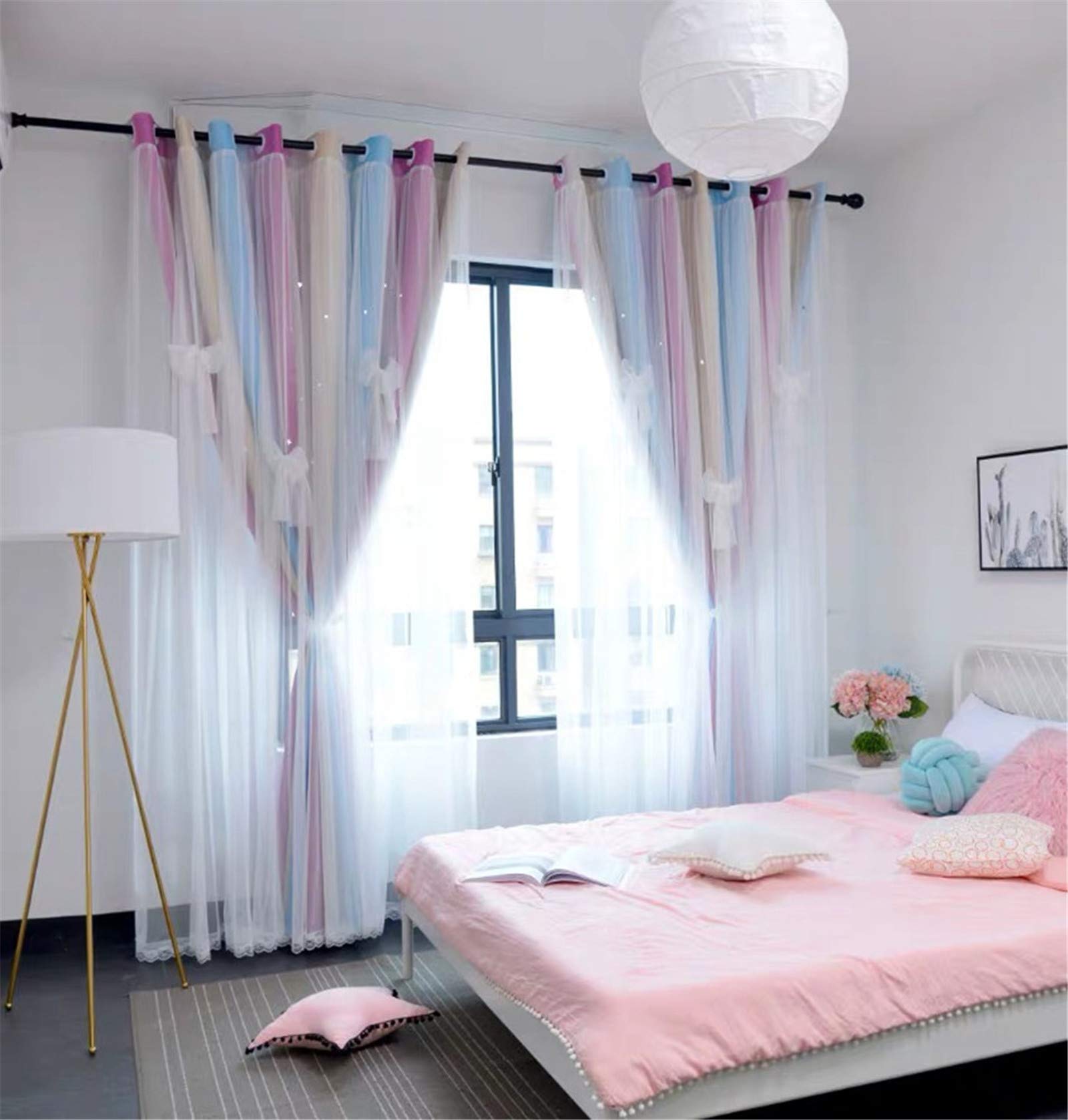 Yancorp Curtains For Girls Bedroom Kids Curtain Hollow-Out Star Window Drapes Curtain 84 Inches Length Room Darkening Grommet 2 Layers,1 Panel (Pink Blue, W52 X L84)