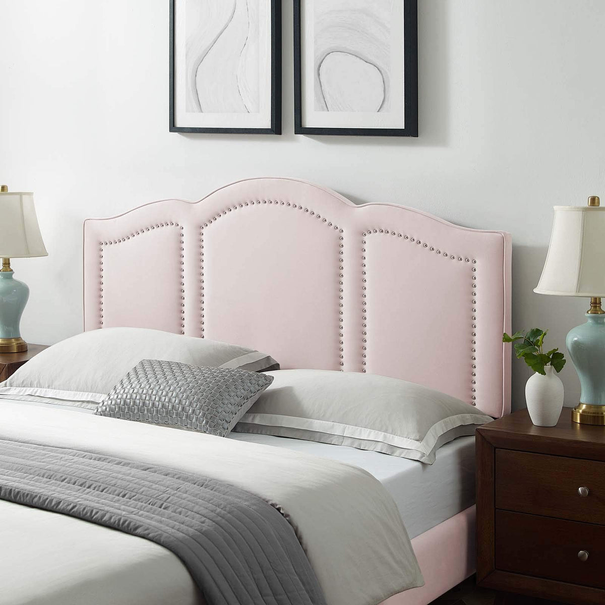 Modway Cecilia Performance Velvet Headboard with Nailhead Detail, King/California King, Pink