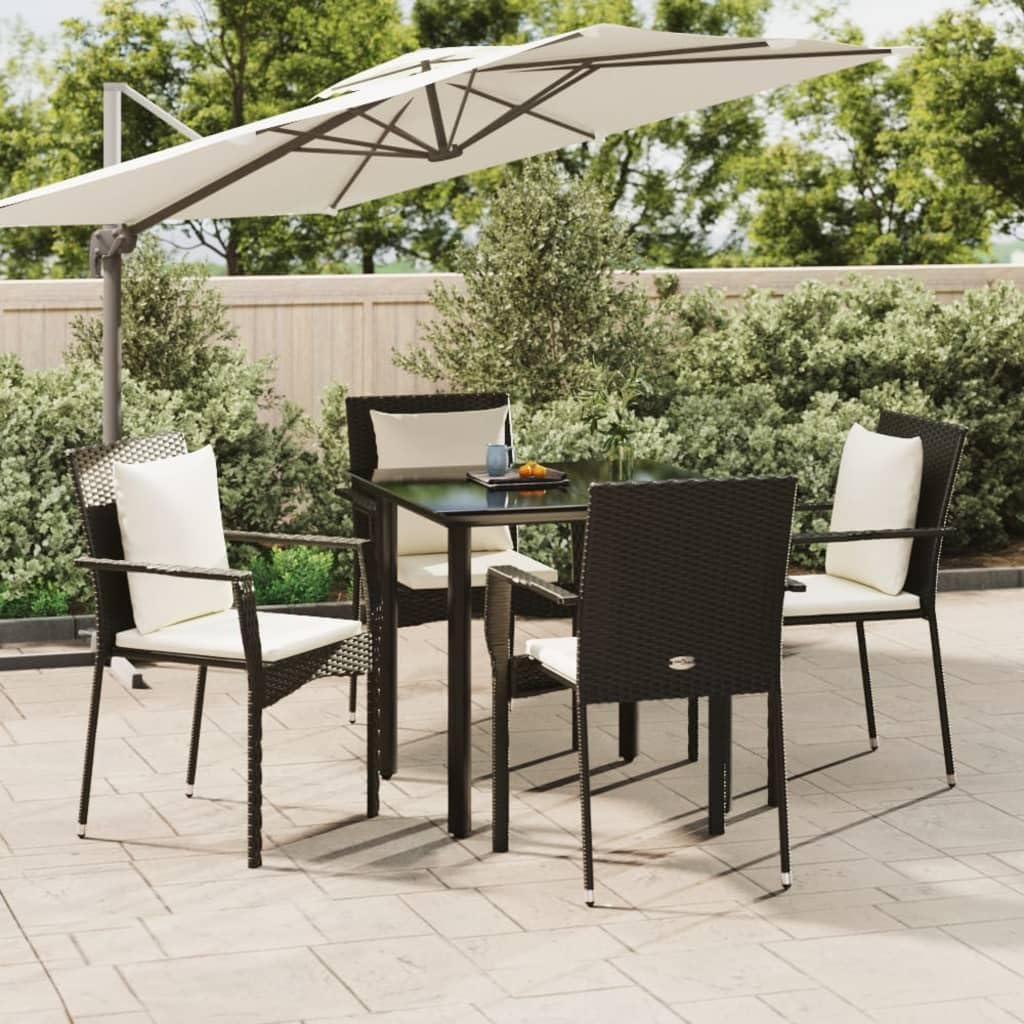 vidaXL Patio Dining Set with Cushions 5 Piece - Black Poly Rattan, Tempered Glass Tabletop, Cream White Cushions - Perfect for Garden, Patio, Outdoor Dining
