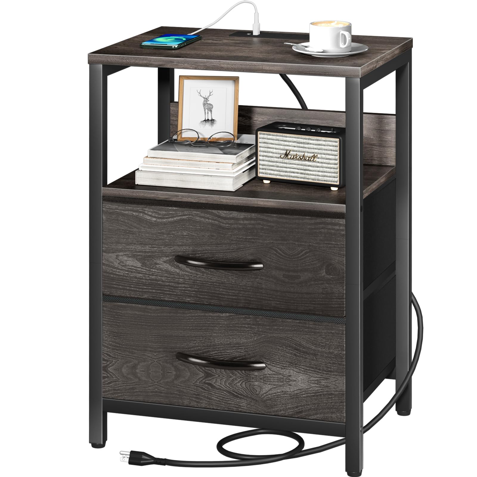 Yoobure Nightstand With Charging Station, Small Night Stand With Fabric Drawers And Storage Shelf For Bedrooms, Nightstands For Small Spaces, Bedside Table With Usb Ports & Outlets, Bed Side Table
