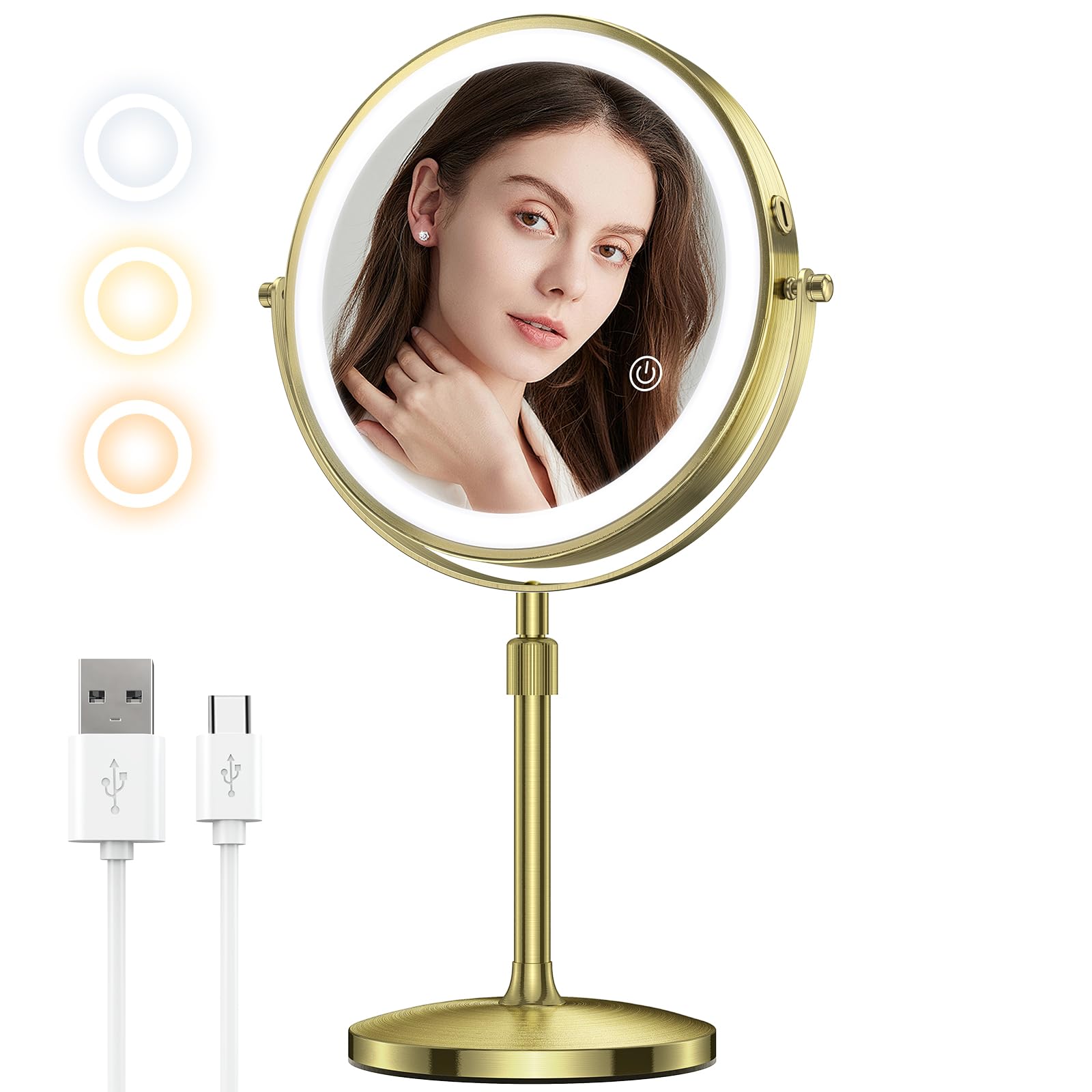 MILPROX 8 Inch Makeup Mirror with 10X Magnification & 3 Color Lights, Adjustable Brightness & Height, Rechargeable Double Sided 