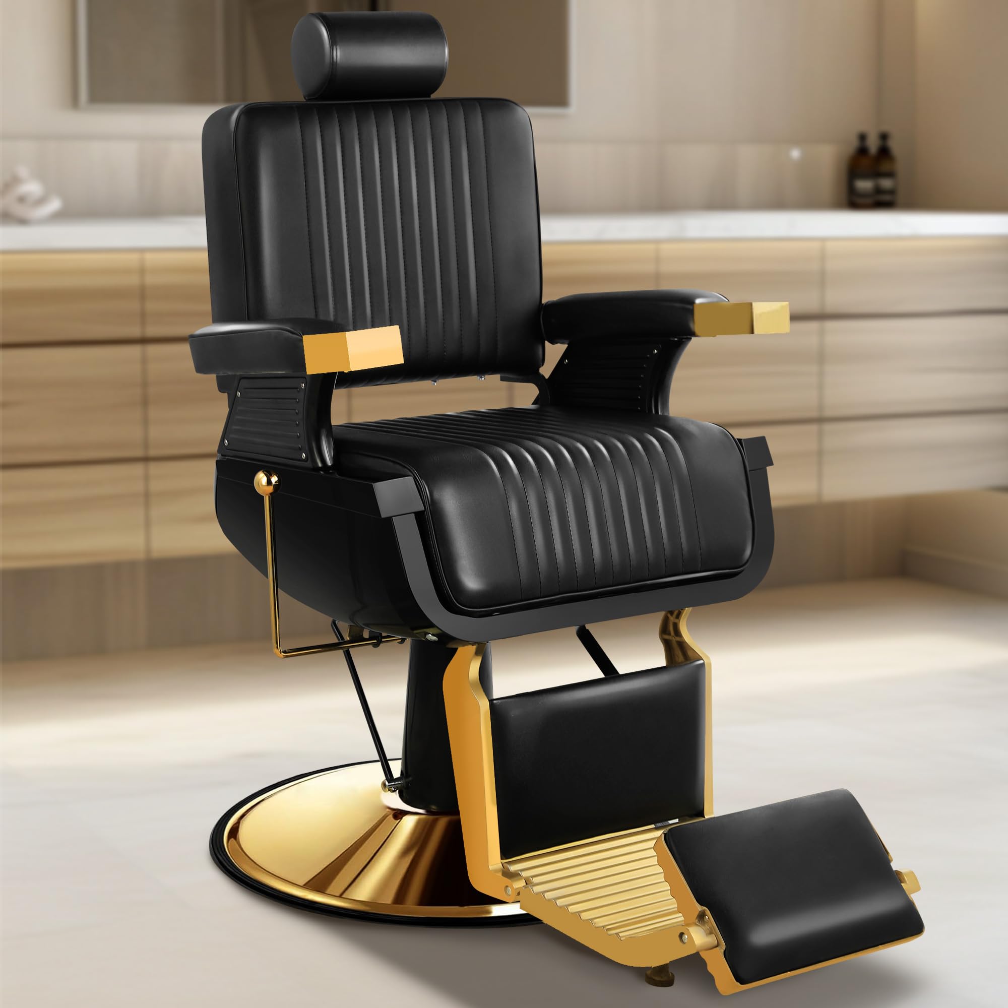 KIIUMI Barber Chair, Heavy Duty Reclining Barbershop Chair for Hair Stylist with Footrest and Headrest, Adjustable 360 Swivel Al