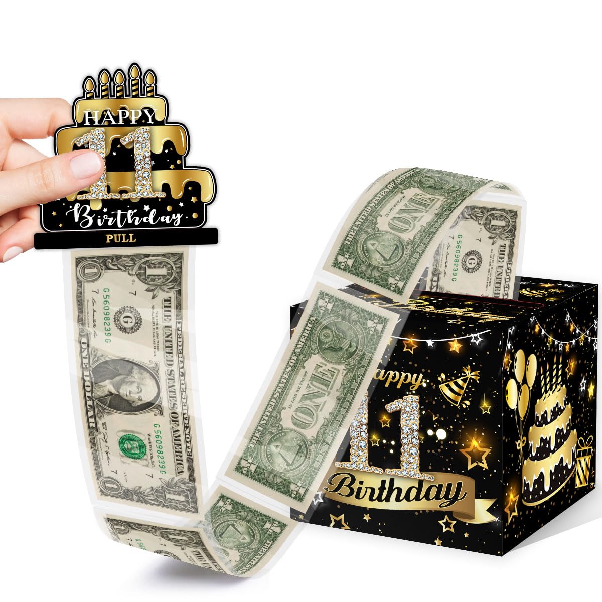11Th Birthday Gifts Money Box For Cash, Black Gold Surprise Box Explosion Gift For Boys Girls Kids Pull, Birthday Money Gift Ide