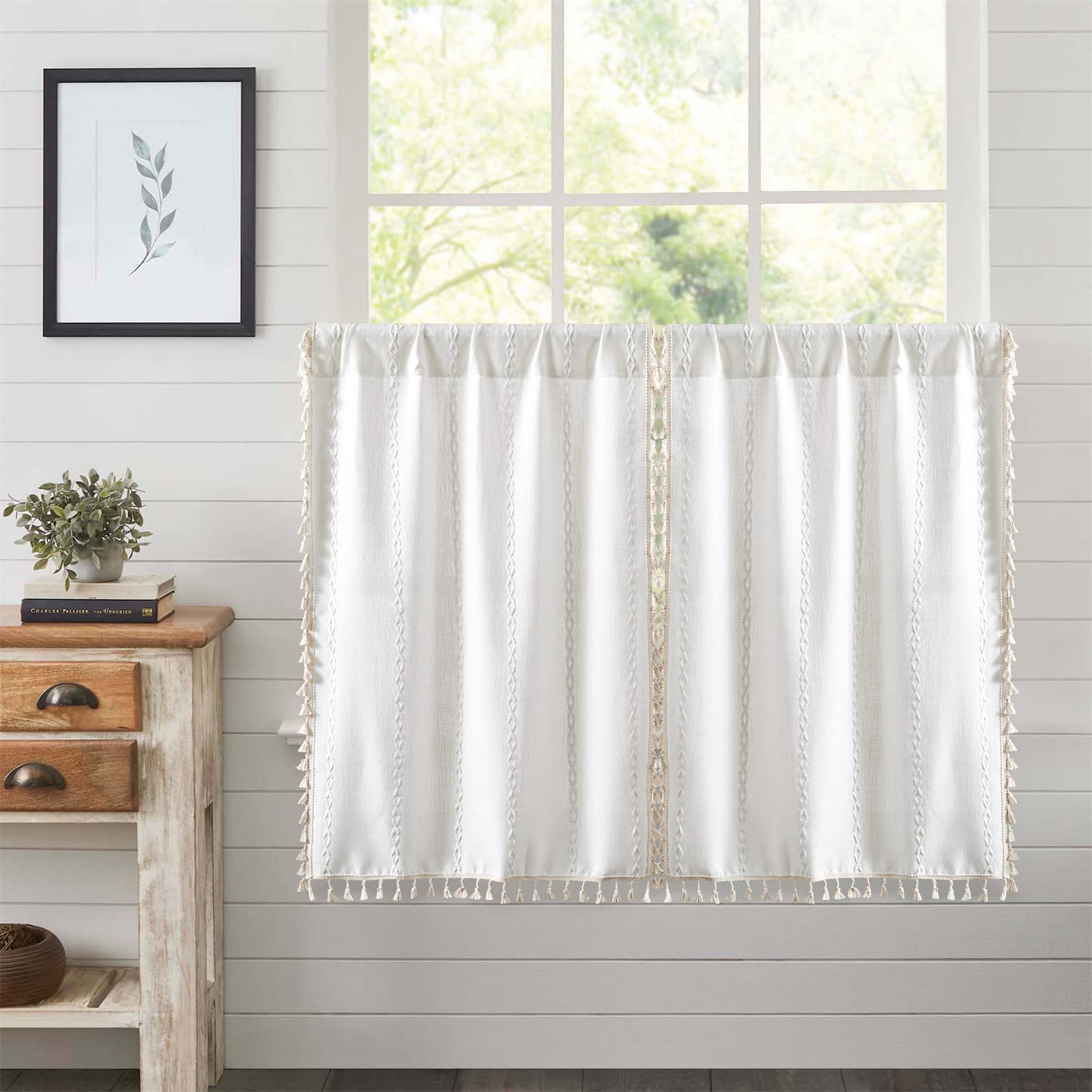 Roomtalks White Boho Farmhouse Kitchen Curtains 45 Inch Length French Striped Modern Vintage Chic Textured Tassel Charcoal Short