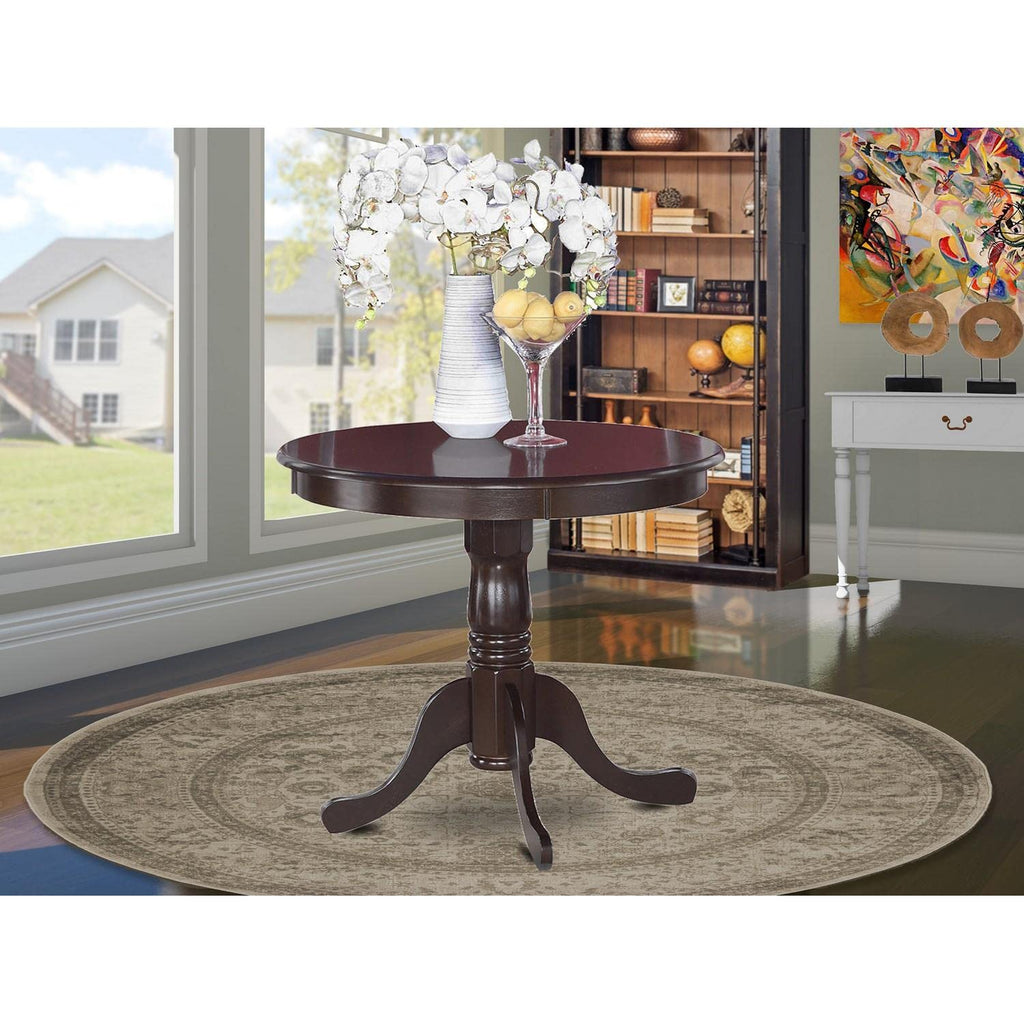 East West Furniture ANT-CAP-TP Antique Dining Room Table - a Round kitchen Table Top with Pedestal Base, 36x36 Inch, Cappuccino