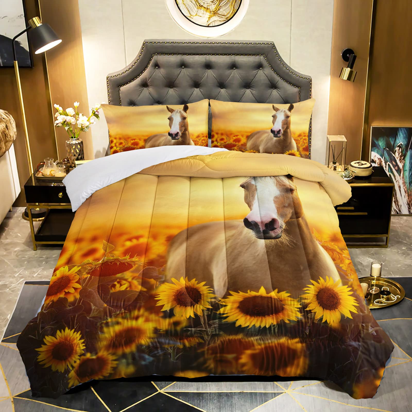 Qoomo Horse Comforter Twin Size,Sunflower Horse Comforter Set For Kids Teens Girls Boys,3Pcs Bedding Set Printed Comforter With