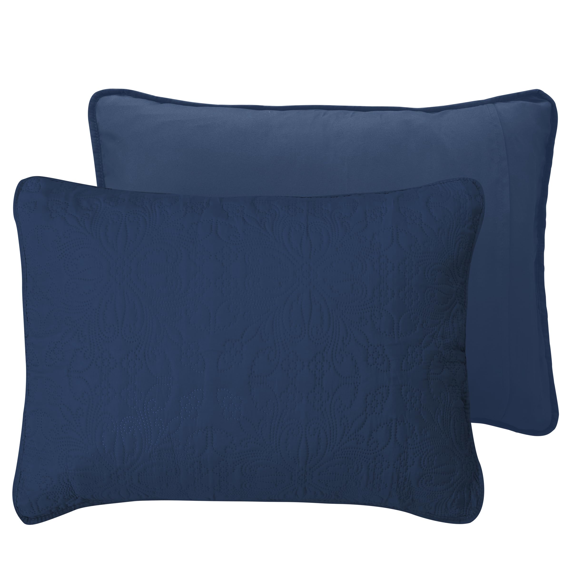 Easy-Going Full/Queen Size Reversible Quilt Set With 1 Quilt And 2 Pillow Shams, Soft Bed Quilt Cover, Water Resistant Lightweight Microfiber Bedspread, Stain Resistant, Damask-Dark Blue/Light Blue