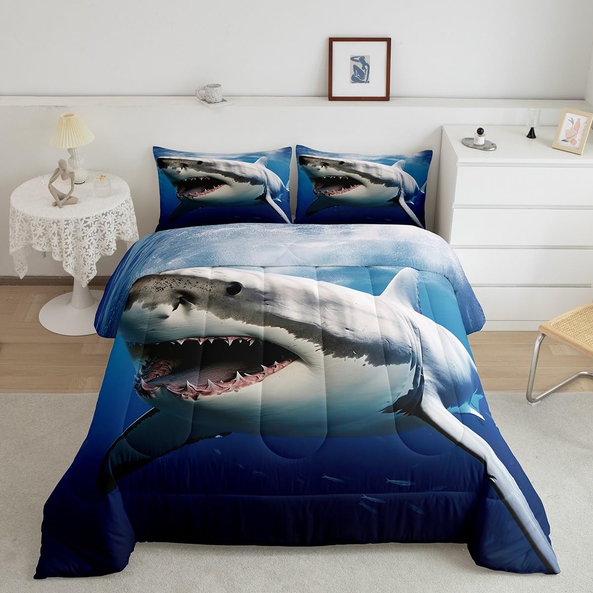Kids Comforter Set For Boys Girls,3D Shark Fish Down Comforter 2 Piece Hawaiian Beach Theme Bedding Quilted Duvet Set Ocean Sea