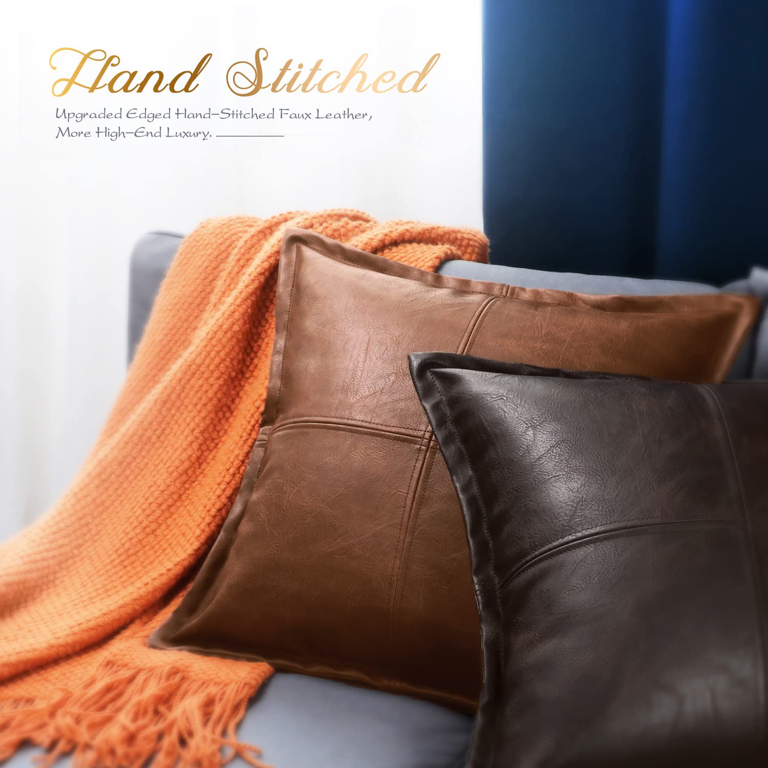 Brawarm Brown Leather Throw Pillow 16 X 16 Inches, Faux Leather Pillow Cover With Piping, Hand Stitched Leather Decorative Throw