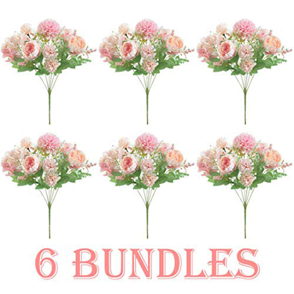6 Pack Artificial Flowers, Fake Faux Peony Silk Hydrangea Plastic Carnations Daisy Realistic Flower Arrangements For Wedding Dec
