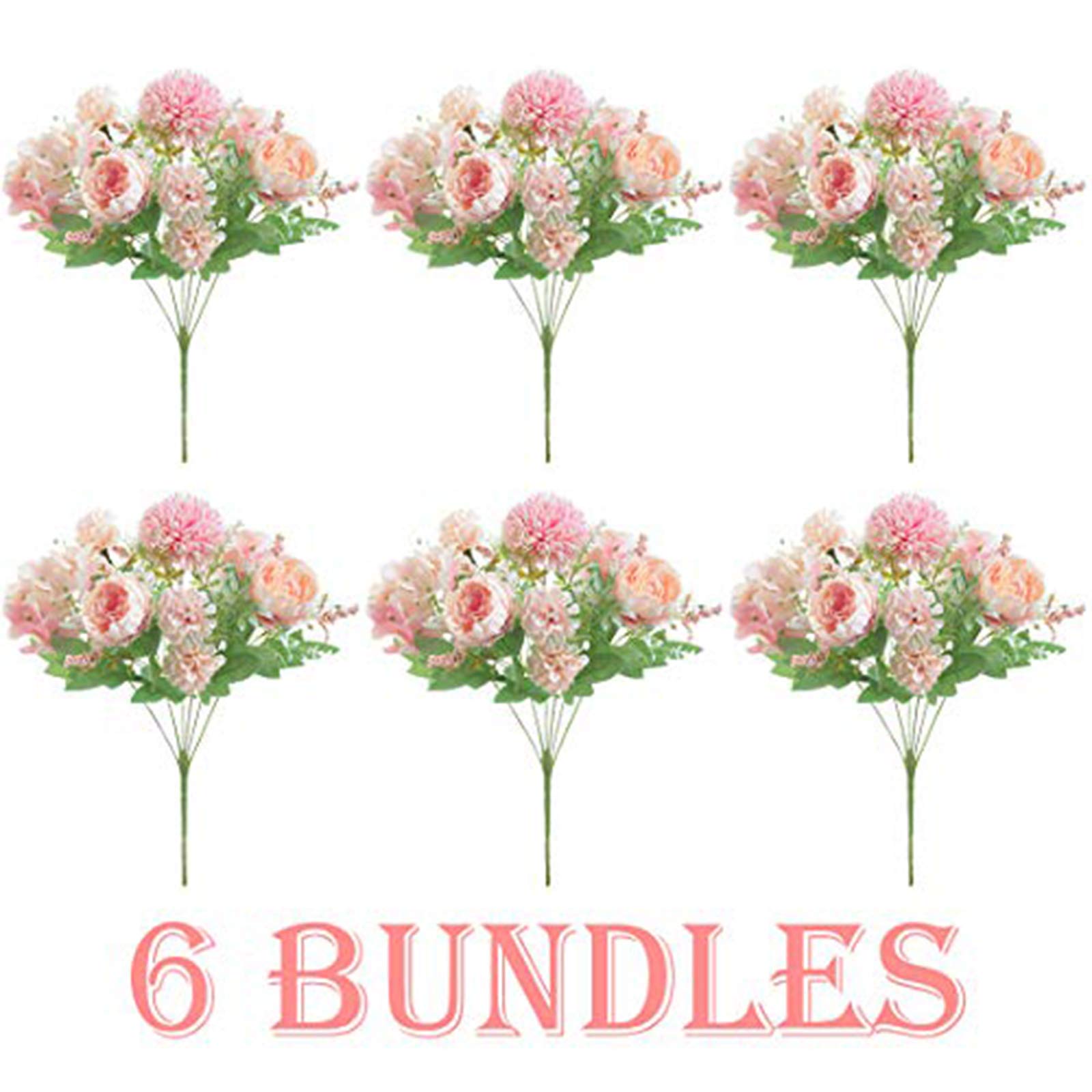 6 Pack Artificial Flowers, Fake Faux Peony Silk Hydrangea Plastic Carnations Daisy Realistic Flower Arrangements For Wedding Dec