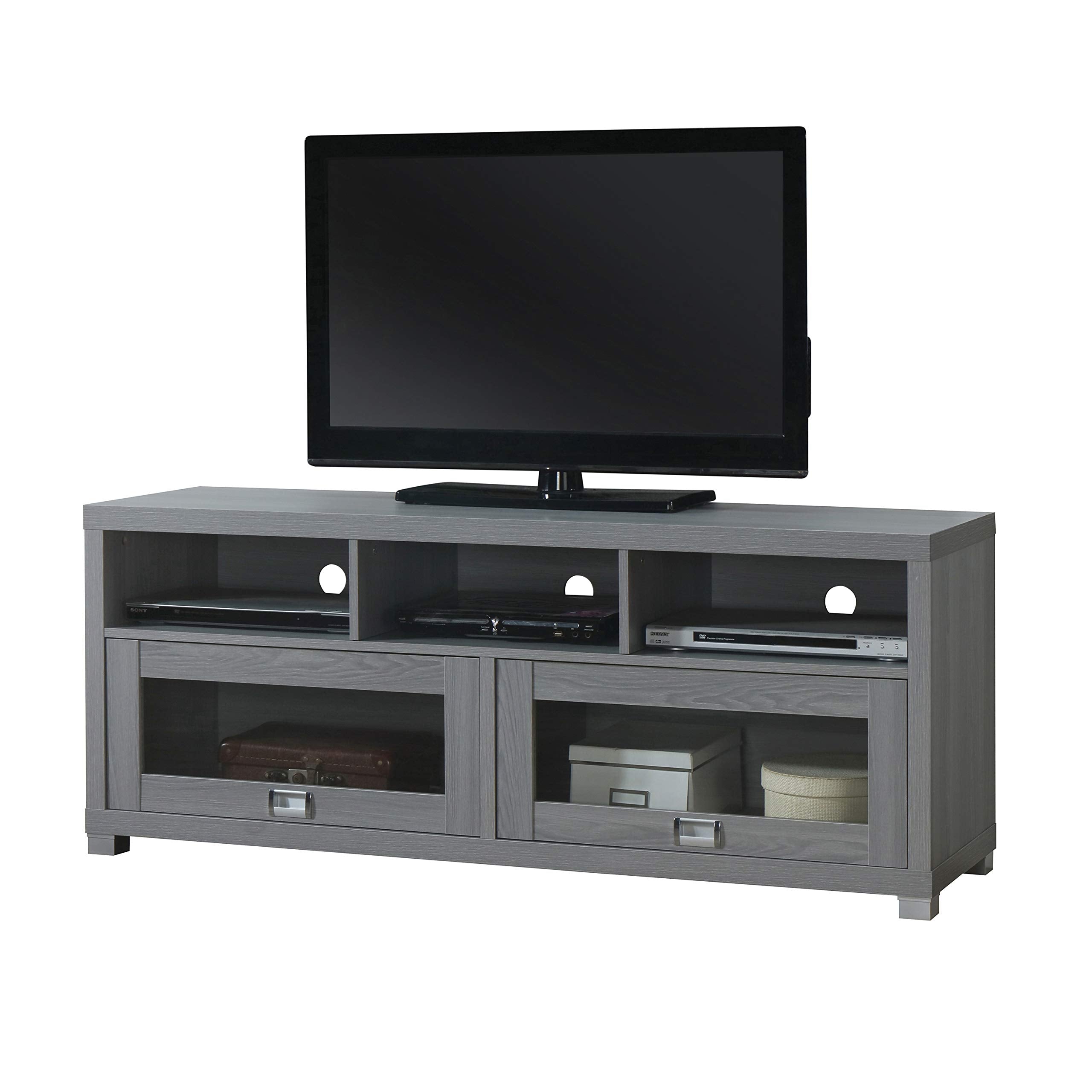 65” Tv Stand With Storage & Glass Display Cabinets, Grey Tv Stand For Living Room Or Bedroom With Cable Management, Fits Screens Up To 65 Inches When Measured Diagonally, Grey