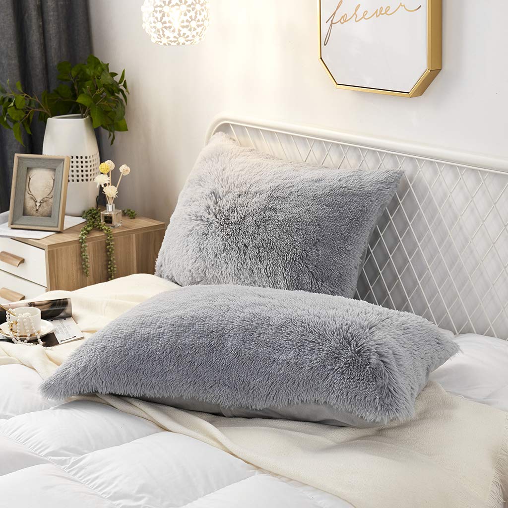 Uhamho Set Of 2 Faux Fur Throw Pillow Covers Soft Velvet Decorative Pillowcases Zipper Closure (Light Gray, 20'X36')