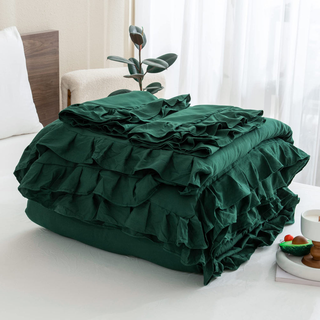 Andency Dark Green Ruffle Comforter Set, 2 Pieces Kids Comforter Set Twin(66X90Inch), Farmhouse Shabby Chic Comforter Set, Soft Microfiber Kids Bedding Set