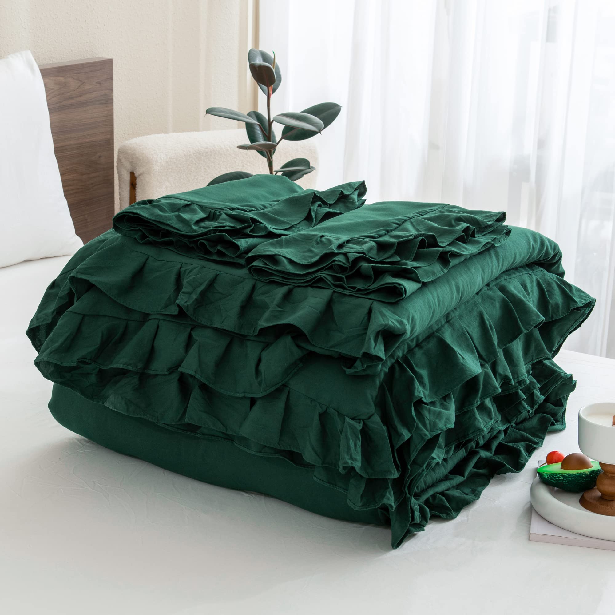 Andency Dark Green Ruffle Comforter Set, 2 Pieces Kids Comforter Set Twin(66X90Inch), Farmhouse Shabby Chic Comforter Set, Soft Microfiber Kids Bedding Set
