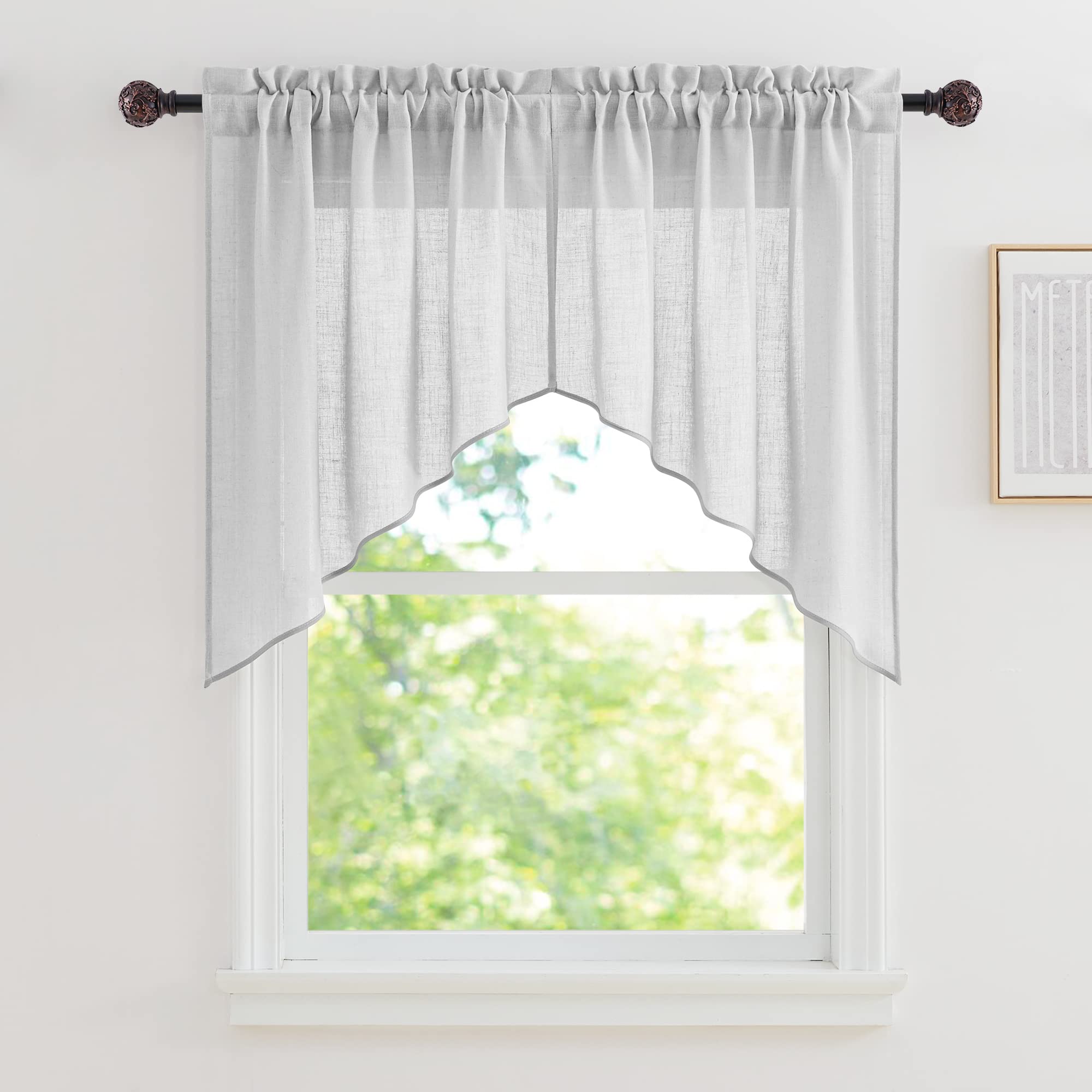 RYB HOME Linen Textured Wave Pattern Sheer Valance Curtains, Contemporary Semi Voile Tier and Swag Set for Kitchen Cafe Bedroom,