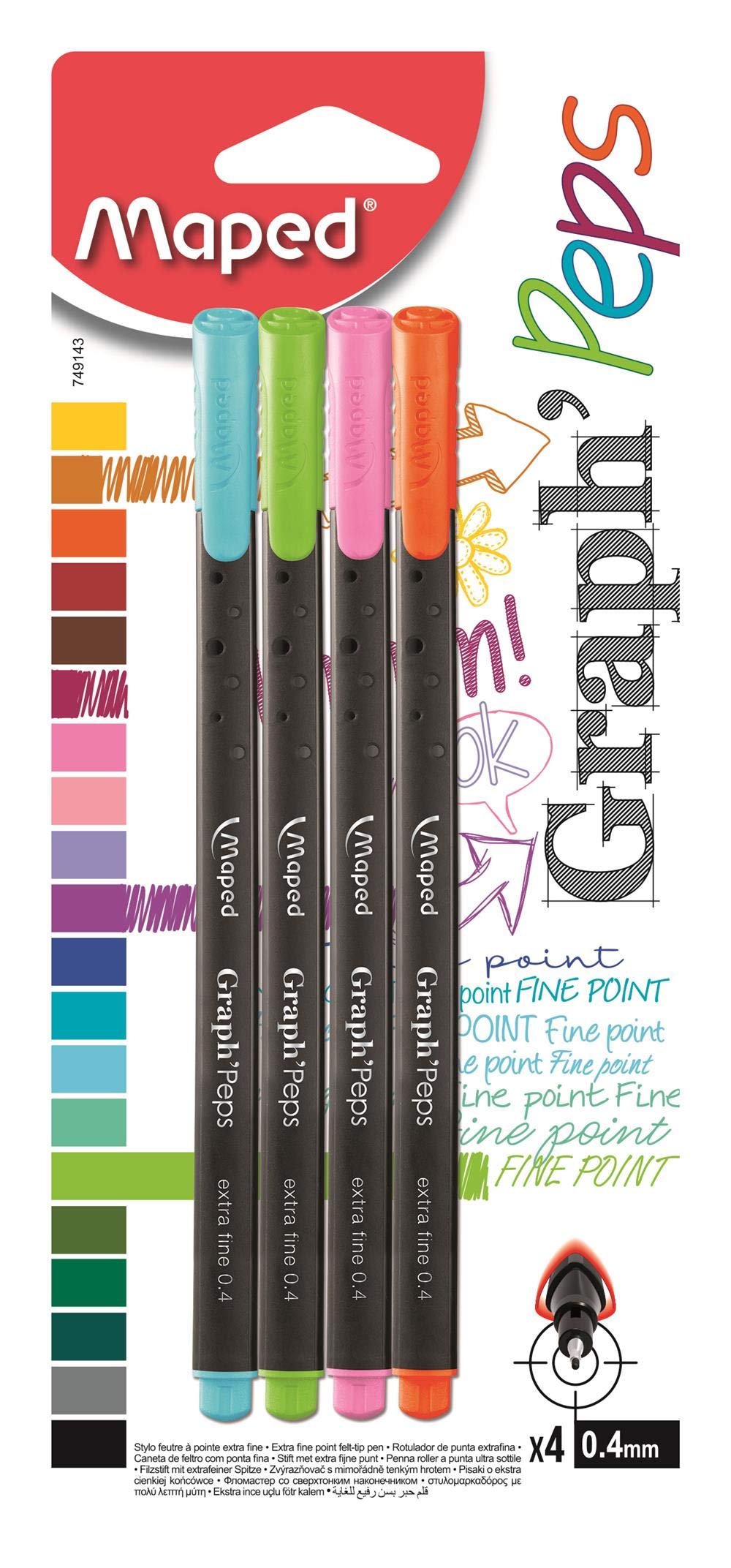 Maped Graph'Peps Classic 0.4Mm Fine Felt Tipped Pens, Fashion Colors, Pack Of 4 (749143)