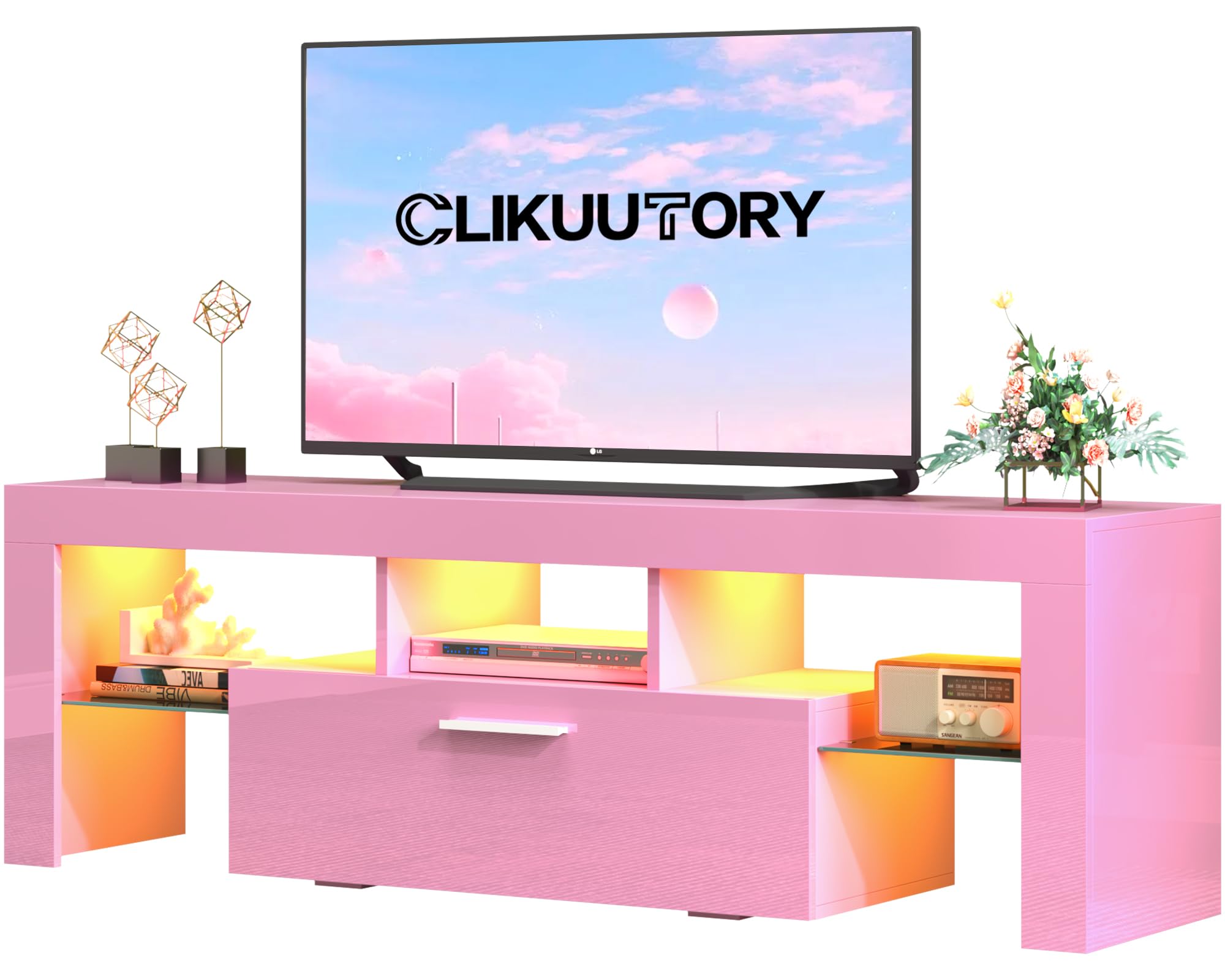 Clikuutory Pink LED TV Stand with Large Storage Drawer for 32 40 50 55 Inch TVs, Modern High Gloss TV Console Table with Enterta