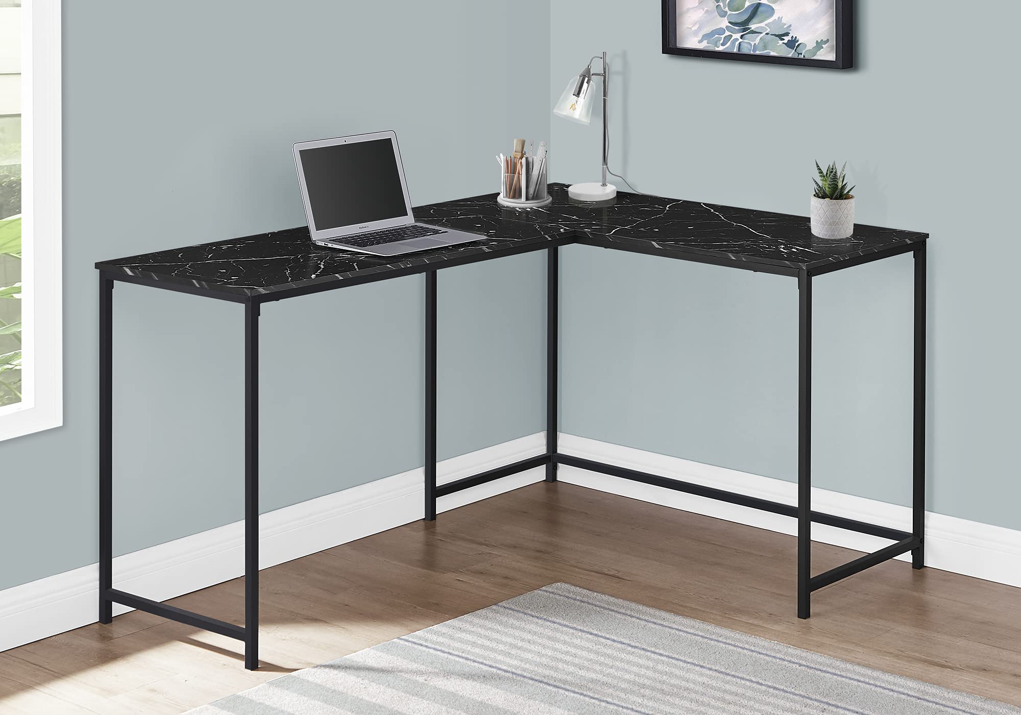 Monarch Specialties I 7396 Computer Desk, Home Office, Corner, 58' L, L Shape, Work, Laptop, Metal, Laminate, Black Marble Look, Contemporary, Modern
