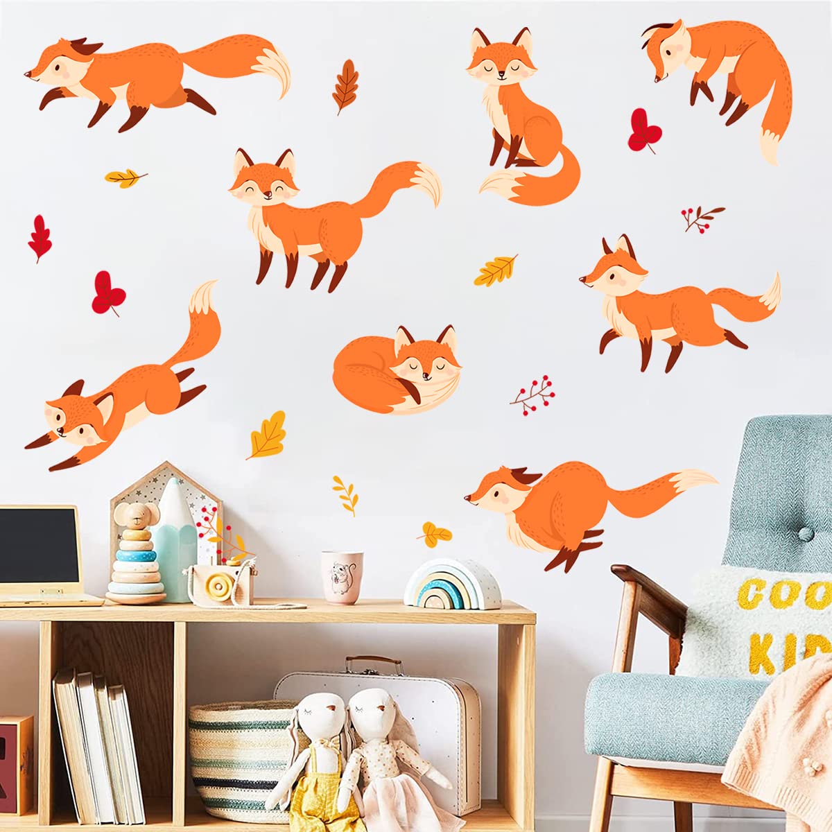 WOYINIS Cute Fox Wall Decals DIY Animal Foxes Pine Leaves Wall Stickers Peel & Stick Bedroom Playroom Baby Nursery Kids Room Wal