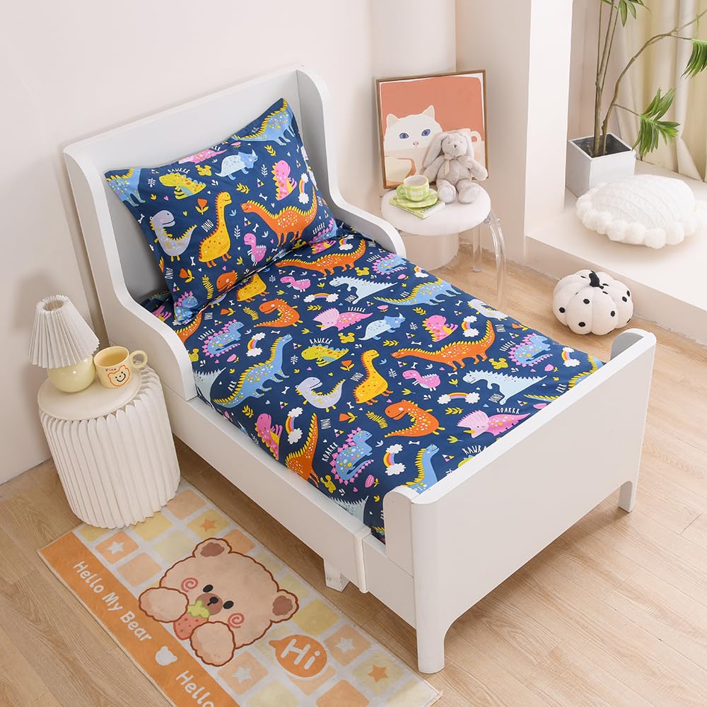Kwlover Soft Bed Fitted Sheet And Pillowcases Set,2Pc Dinosaur Printed Bed Sheets For Kids Boys Twin Size Bed (Navy Blue Dino, T