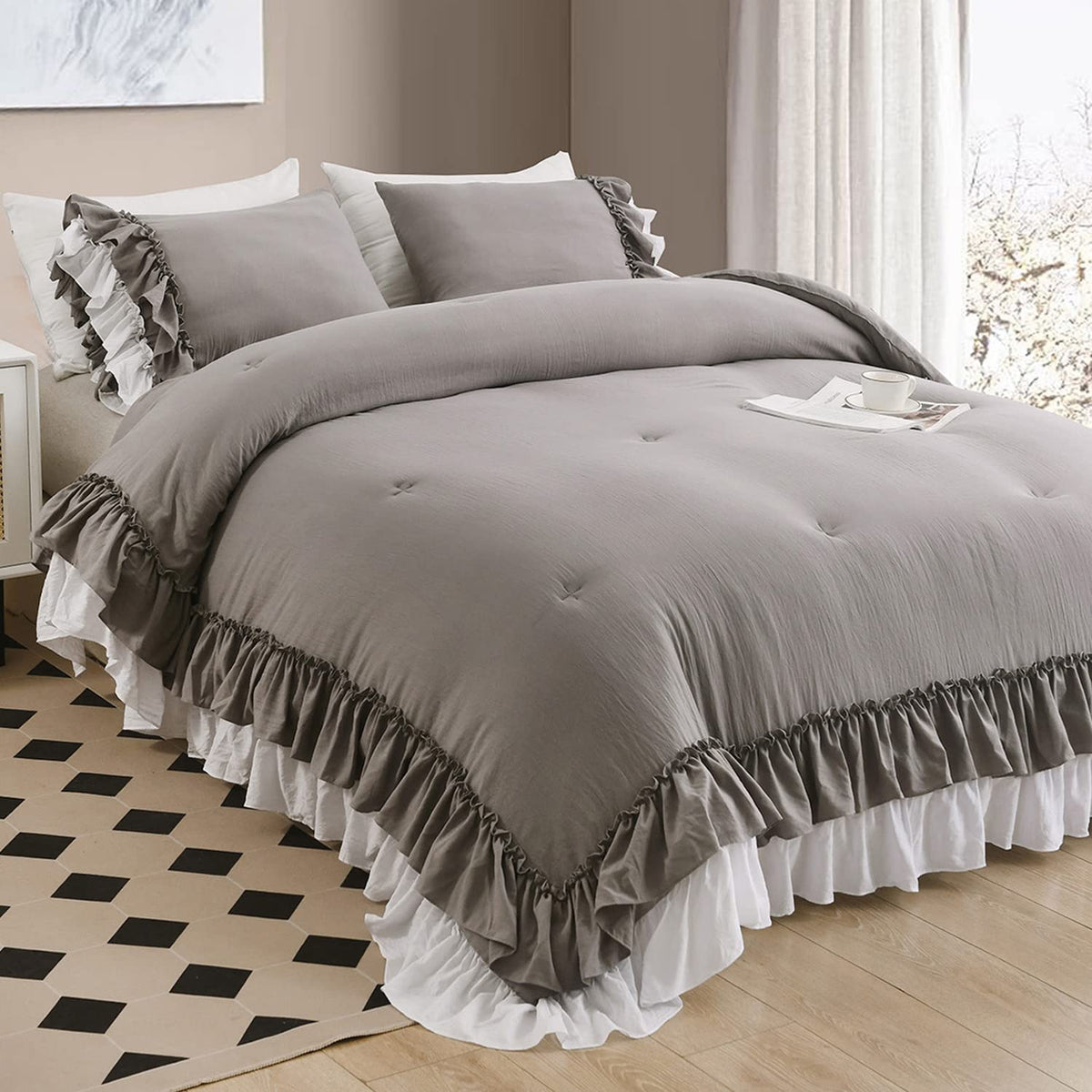 Masaca Ruffle Queen Comforter Set,Grey White Ruffled Comforter Sets For Queen Bed Shabby Boho Chic Farmhouse Bedding Set(1 Ruffl