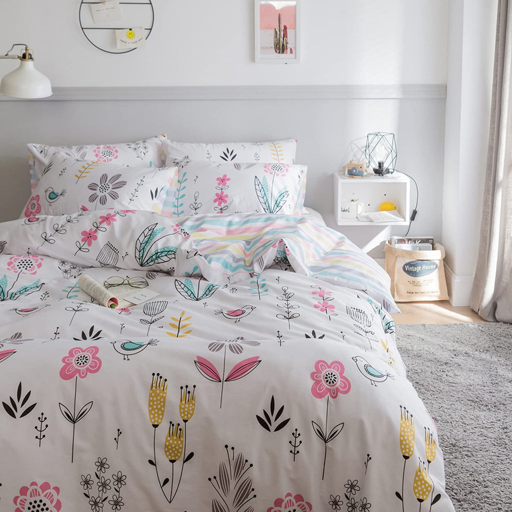 Highbuy Floral Printed Bedding Sets Full Duvet Cover Girls Cotton Comforter Cover Full Size Garden Aesthetic Reversible Striped