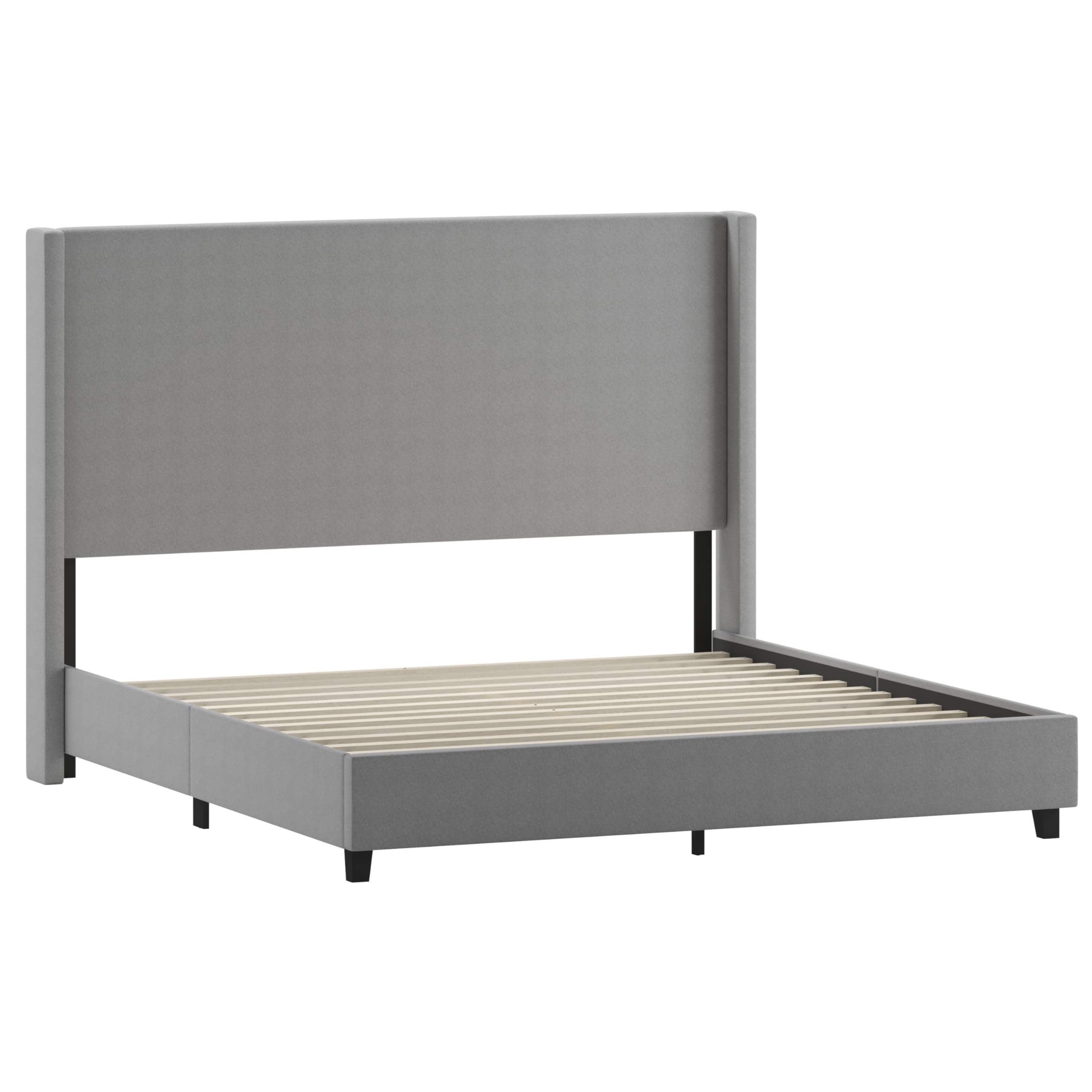 Flash Furniture Quinn Upholstered Platform Bed - Gray Channel Stitched Wingback Headboard - King - Mattress Foundation with Slatted Supports - No Box Spring Needed