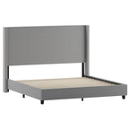 Flash Furniture Quinn Upholstered Platform Bed - Gray Channel Stitched Wingback Headboard - King - Mattress Foundation with Slatted Supports - No Box Spring Needed