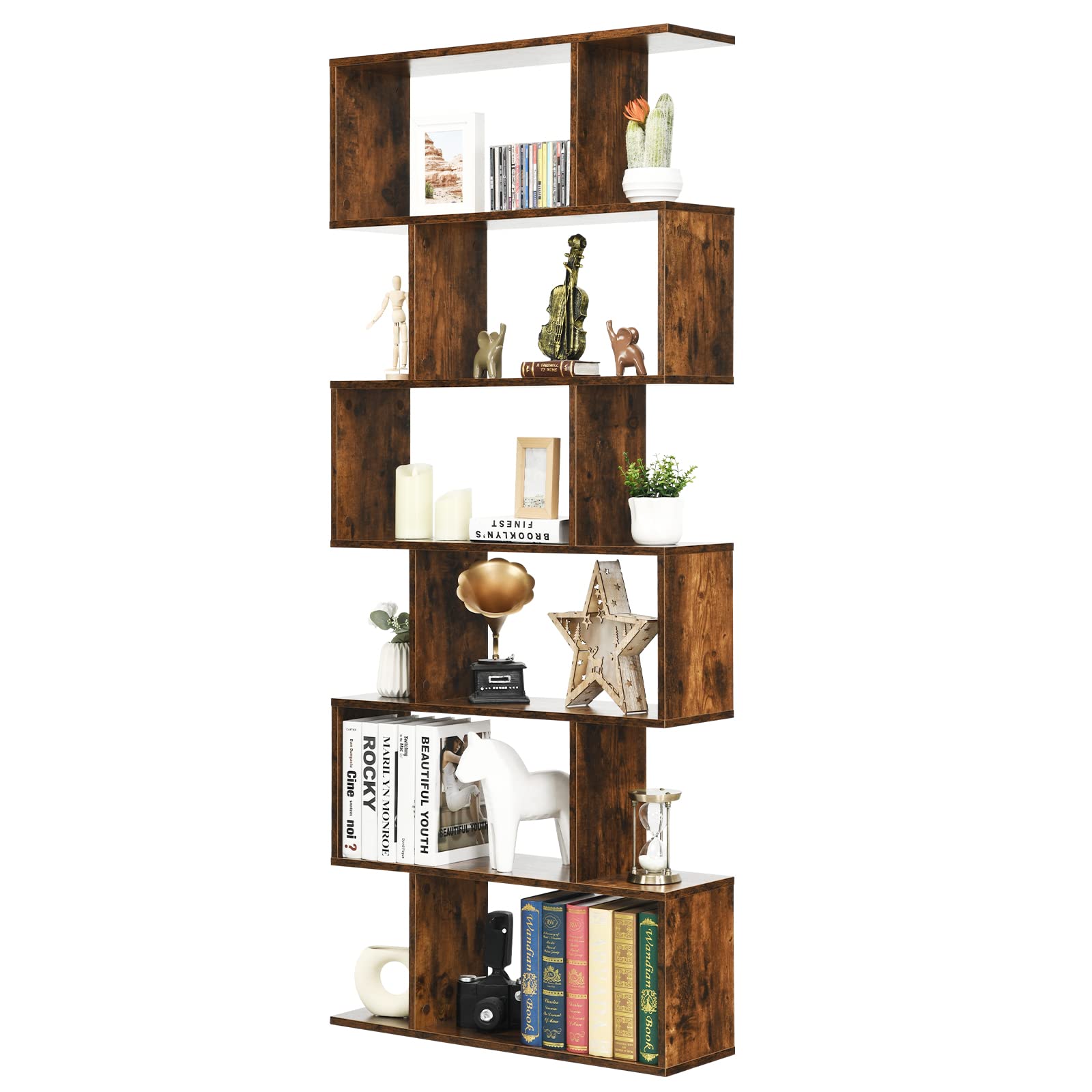Giantex Geometric Bookcase Rustic, S-Shaped Wooden Bookshelf, 6-Tier Modern Freestanding Decorative Storage Display Shelves For Bedroom, Living Room