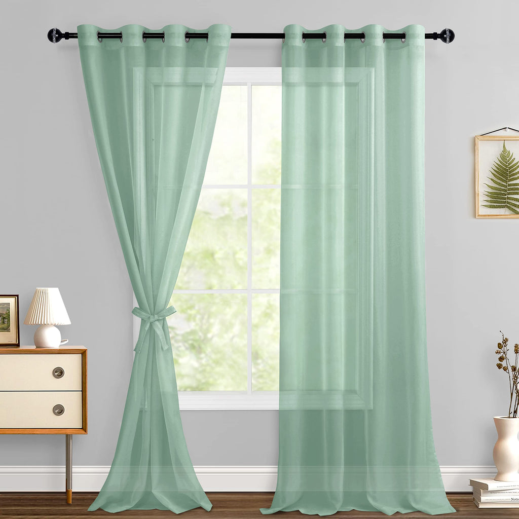 Hiasan Sheer Curtains 96 Inches Long With Tiebacks, Light Filtering Semi Transparent Lightweight Voile Grommet Window Curtains For Bedroom, Living Room, Bean Green, W52 X L96, 2 Drape Panels