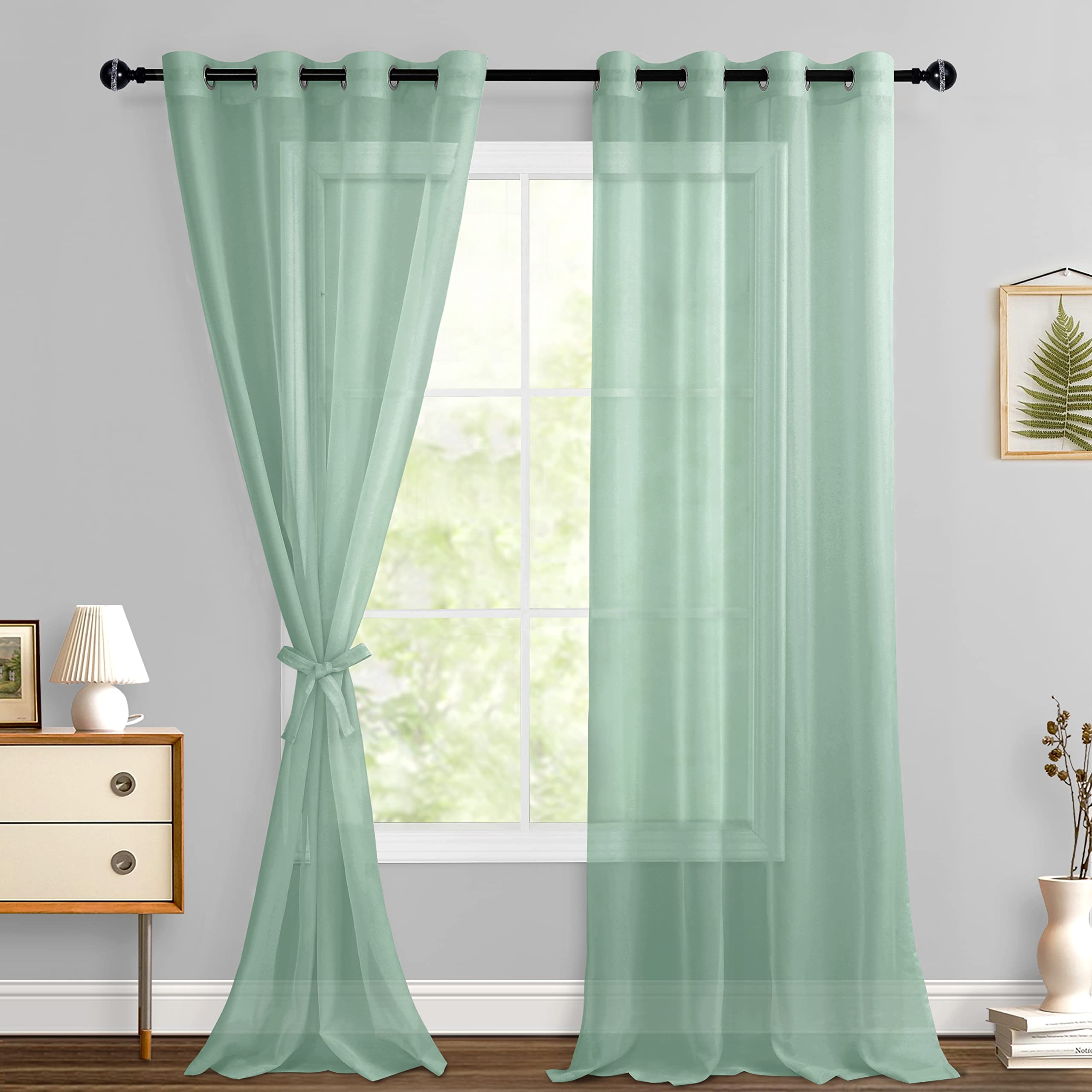 Hiasan Sheer Curtains 96 Inches Long With Tiebacks, Light Filtering Semi Transparent Lightweight Voile Grommet Window Curtains For Bedroom, Living Room, Bean Green, W52 X L96, 2 Drape Panels