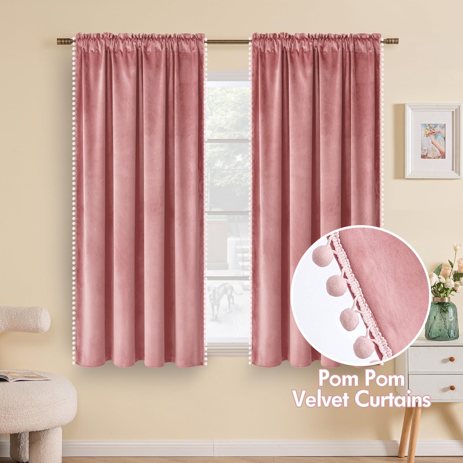 Miulee Blush Pink Pom Pom Velvet Curtains For Bedroom/Living Room Darkening Thermal Insulating 63 Inches Long Blackout Curtains