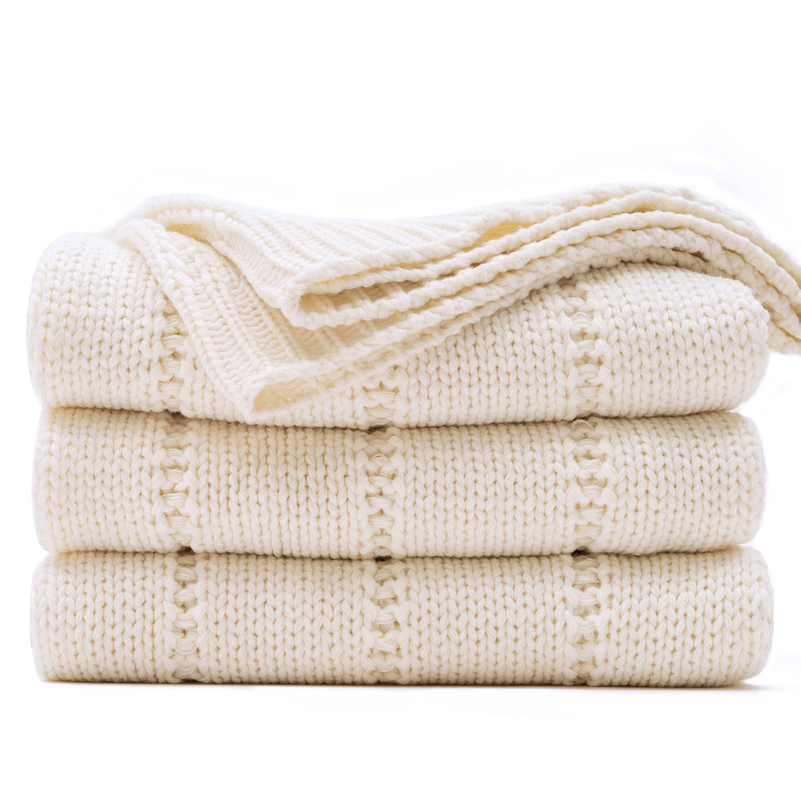 Recyco Cable Knit Cream White Throw Blanket Twin Size For Couch, Super Soft Warm Cozy Decorative Knitted Throw Blanket 3.6Lb For
