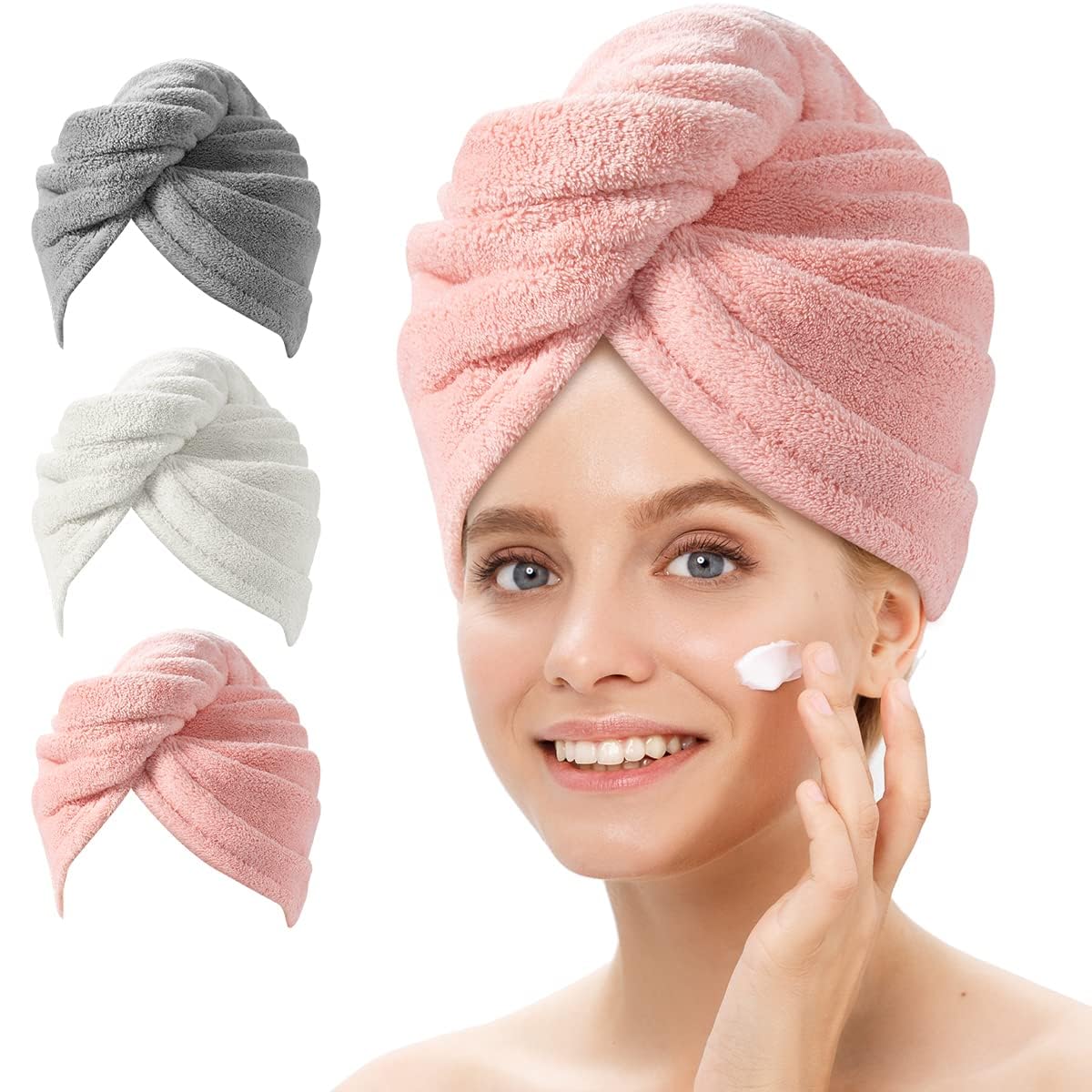 YFONG Microfiber Hair Towel 3 Pack, Hair Towel with Button, Super Absorbent Hair Towel Wrap for Curly Hair, Fast Drying Hair Tur