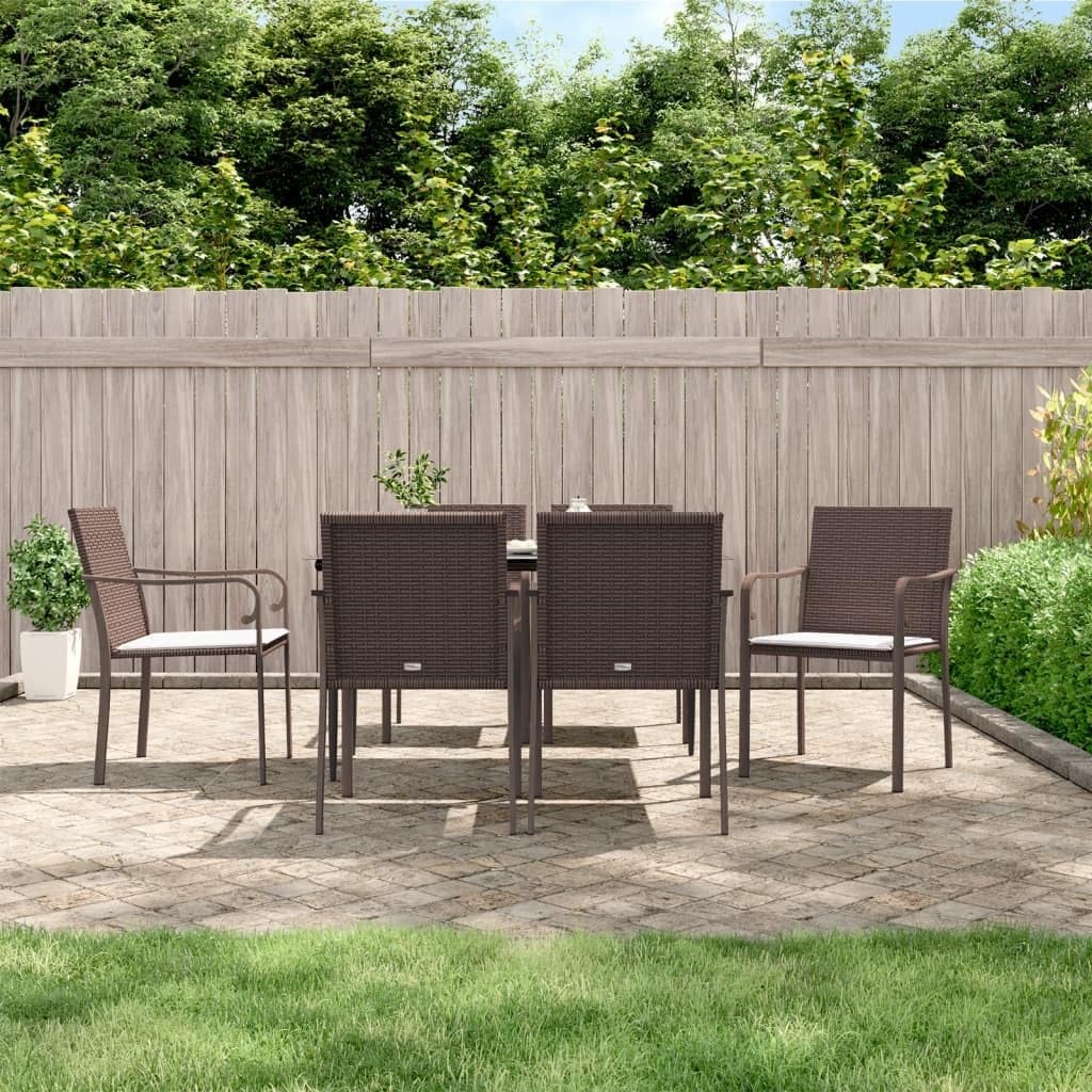 vidaXL 5-Piece Outdoor Patio Dining Set in Brown - Weather-Resistant Poly Rattan Chairs with Cushions, Tempered Glass-Top Table and Steel Frames in Black