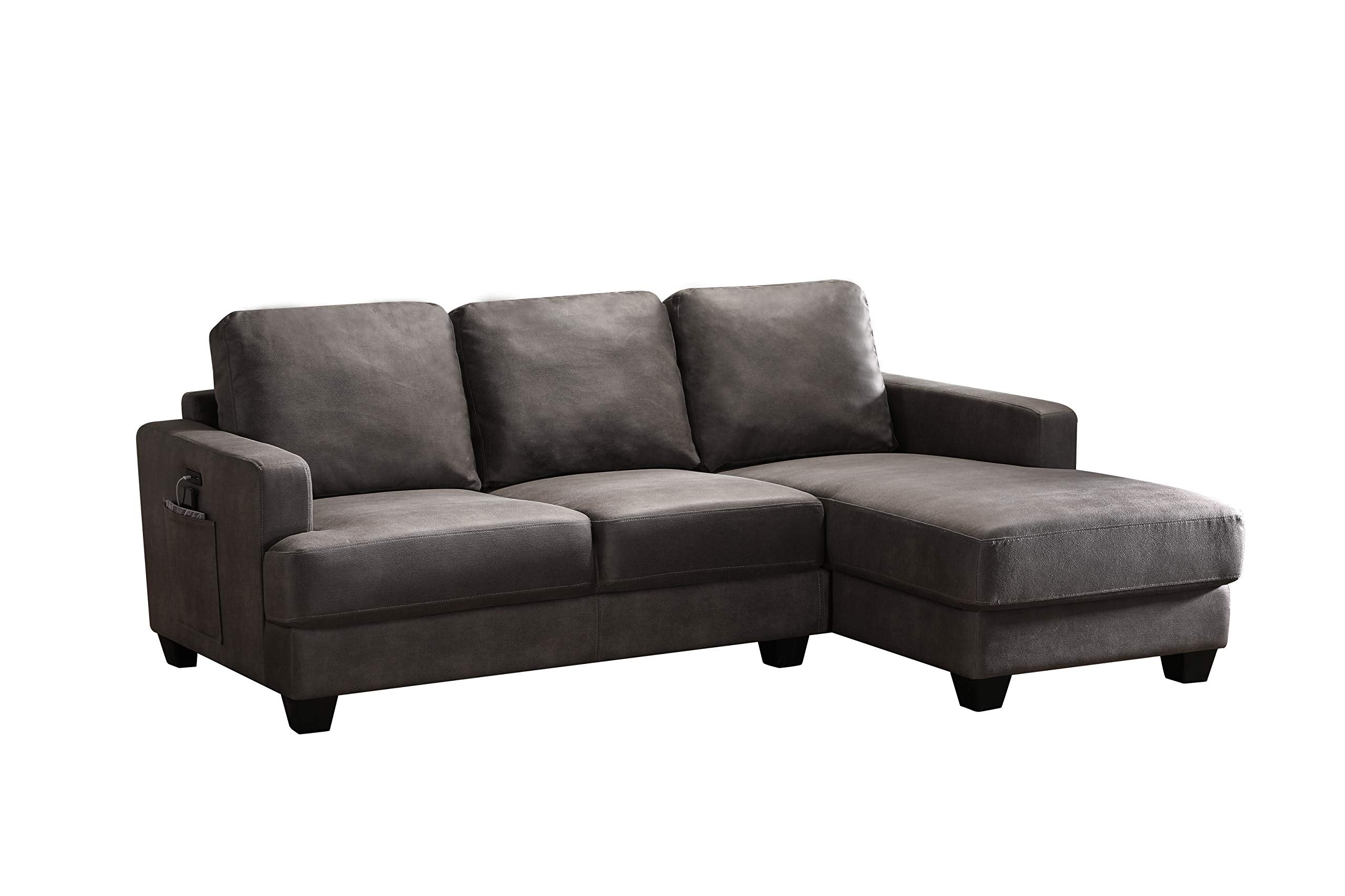 Lilola Home Caleb Gray Fabric Sectional Sofa Chaise with USB Charger and Tablet Pocket