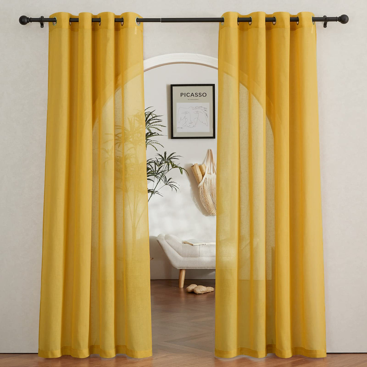 Nicetown Semi Sheer Curtains Flax Linen Texture, Grommet Retro Window Treatment Linen Weave Vertical Drapes Privacy With Light F