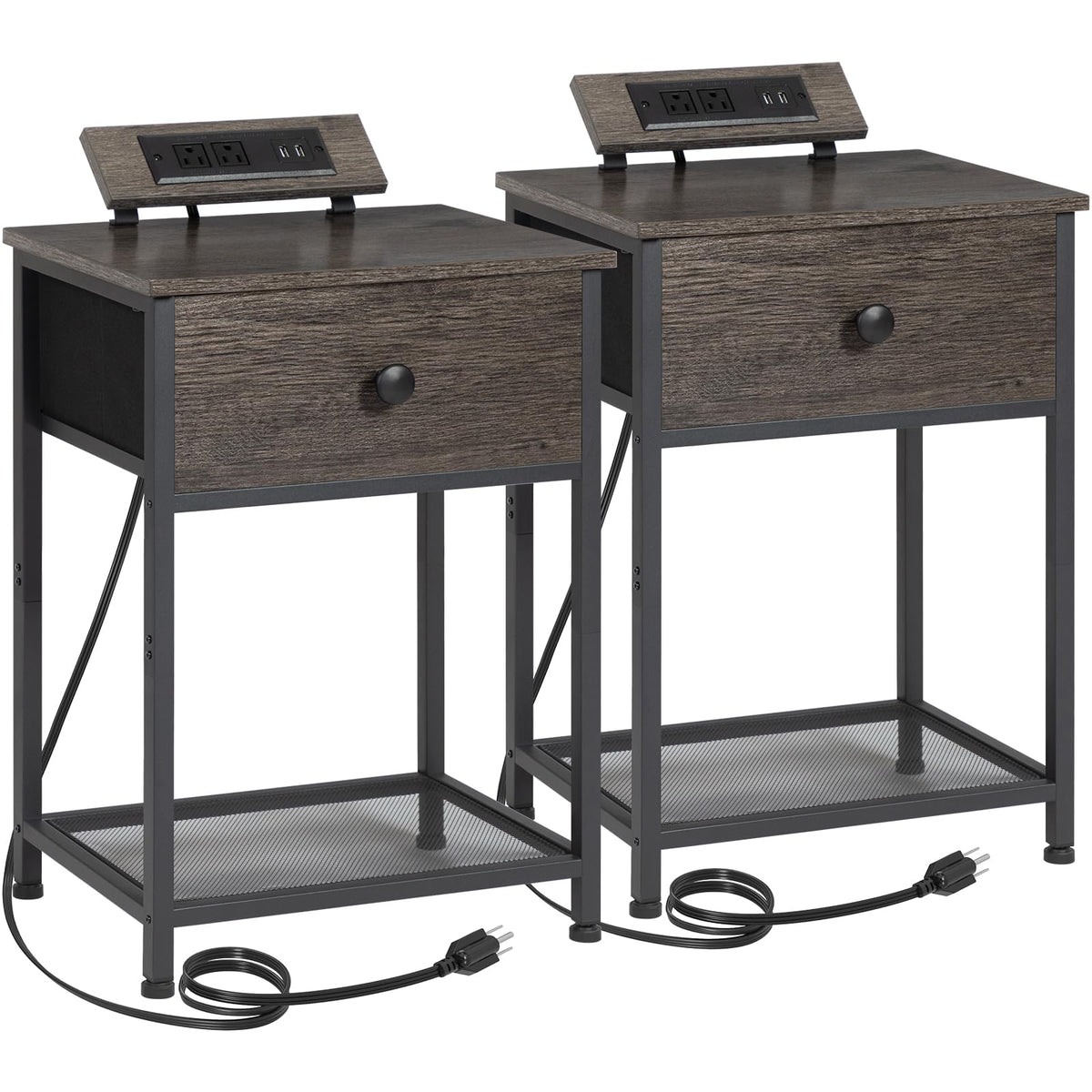 Amhancible Night Stand, End Tables Living Room Set Of 2, Small Nightstand With Charging Station, Slim Bed Side Table With Fabric Storage Drawer For Bedroom, Small Space, Dark Grey, Het03Sdpdg
