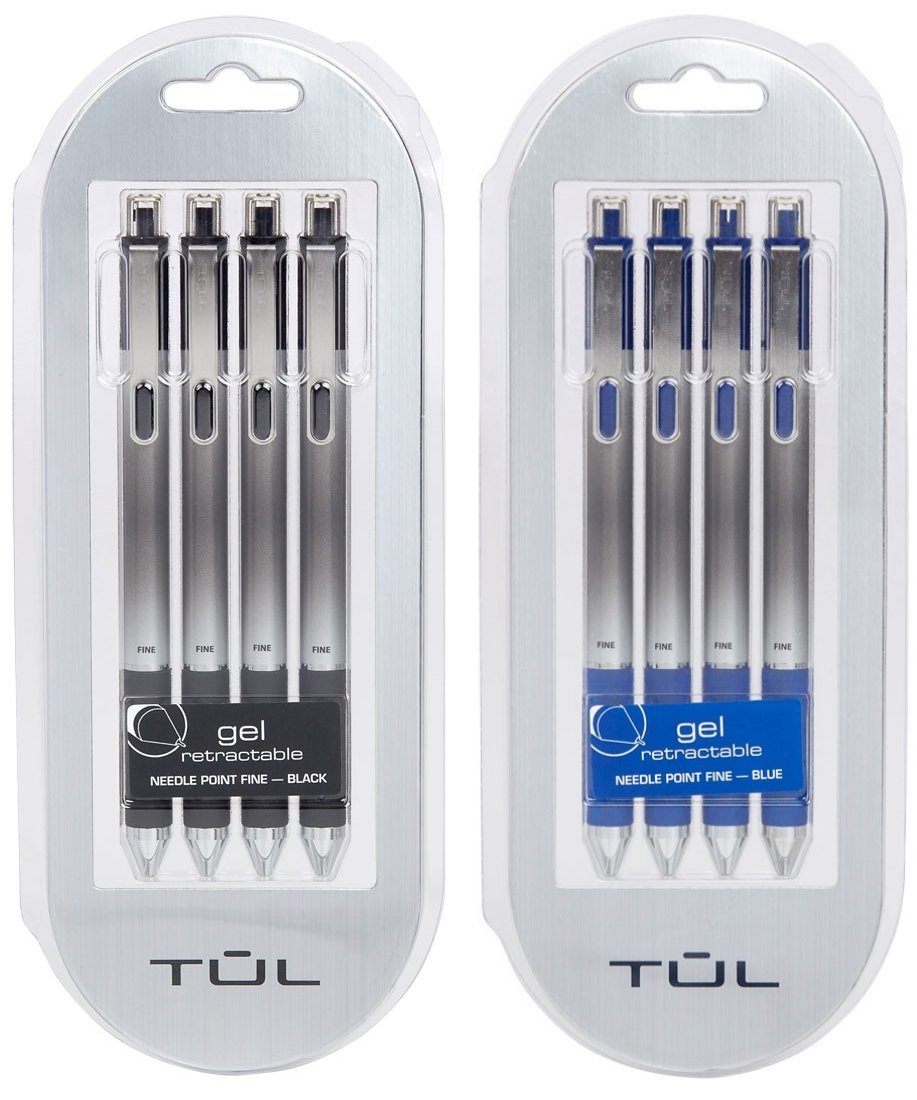Tul Retractable Gel Pens 0.5Mm Needle Point Fine, Black/Blue Bundle (2 4-Packs)