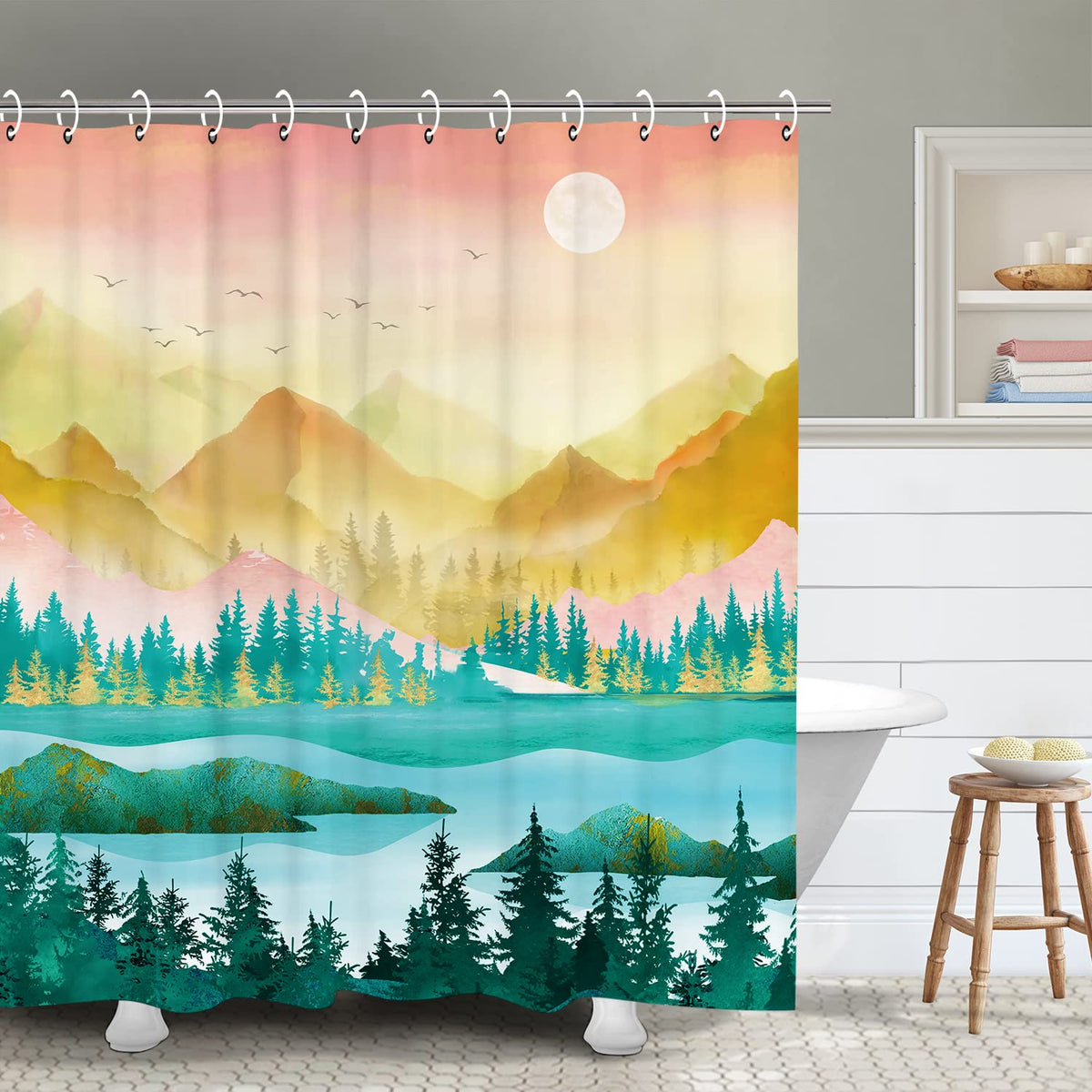 Rosielily Mountain Shower Curtain, Forest Shower Curtain, Warm Sun Shower Curtain, Cool Art Shower Curtain, Moon Nature Landscap
