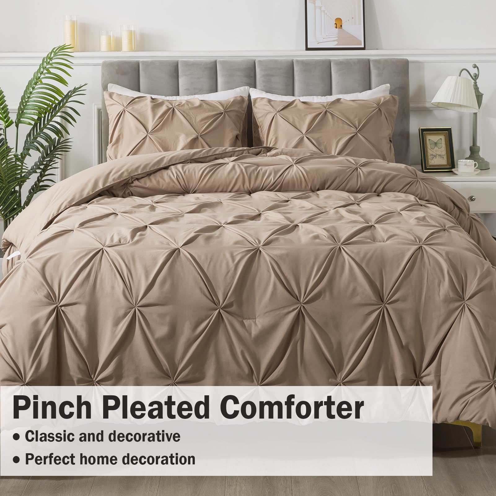 Andency Taupe Comforter Set King, 3 Pieces Stylish Pinch Pleat Bedding Comforters & Sets, Lightweight Soft Boho Bed Set For Adults (104X90Inch)