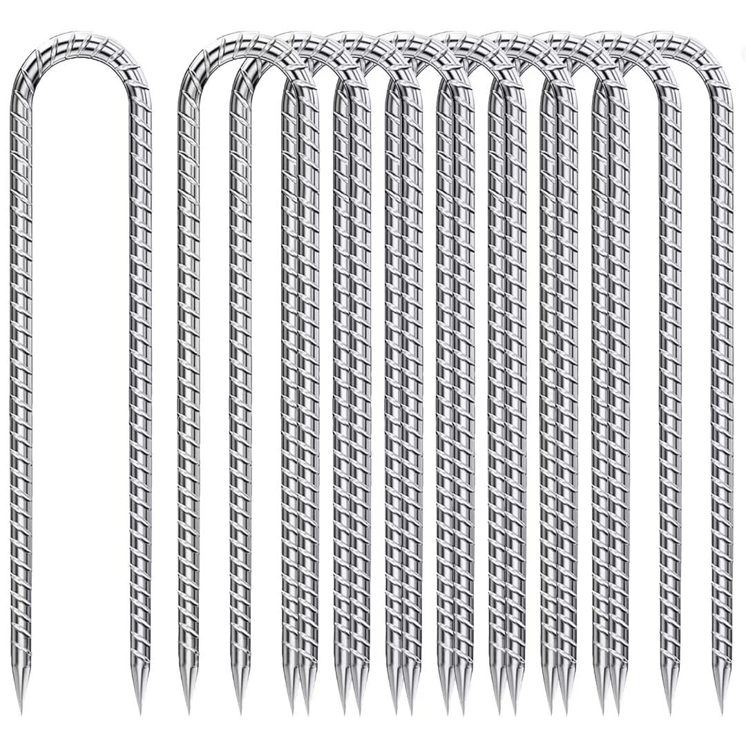 Rebar-Stakes-12-Inch-U-Shaped, Ground Stakes Heavy Duty For High Winds Galvanized Anti-Rust 10Pcs Metal Stakes For Ground Heavy