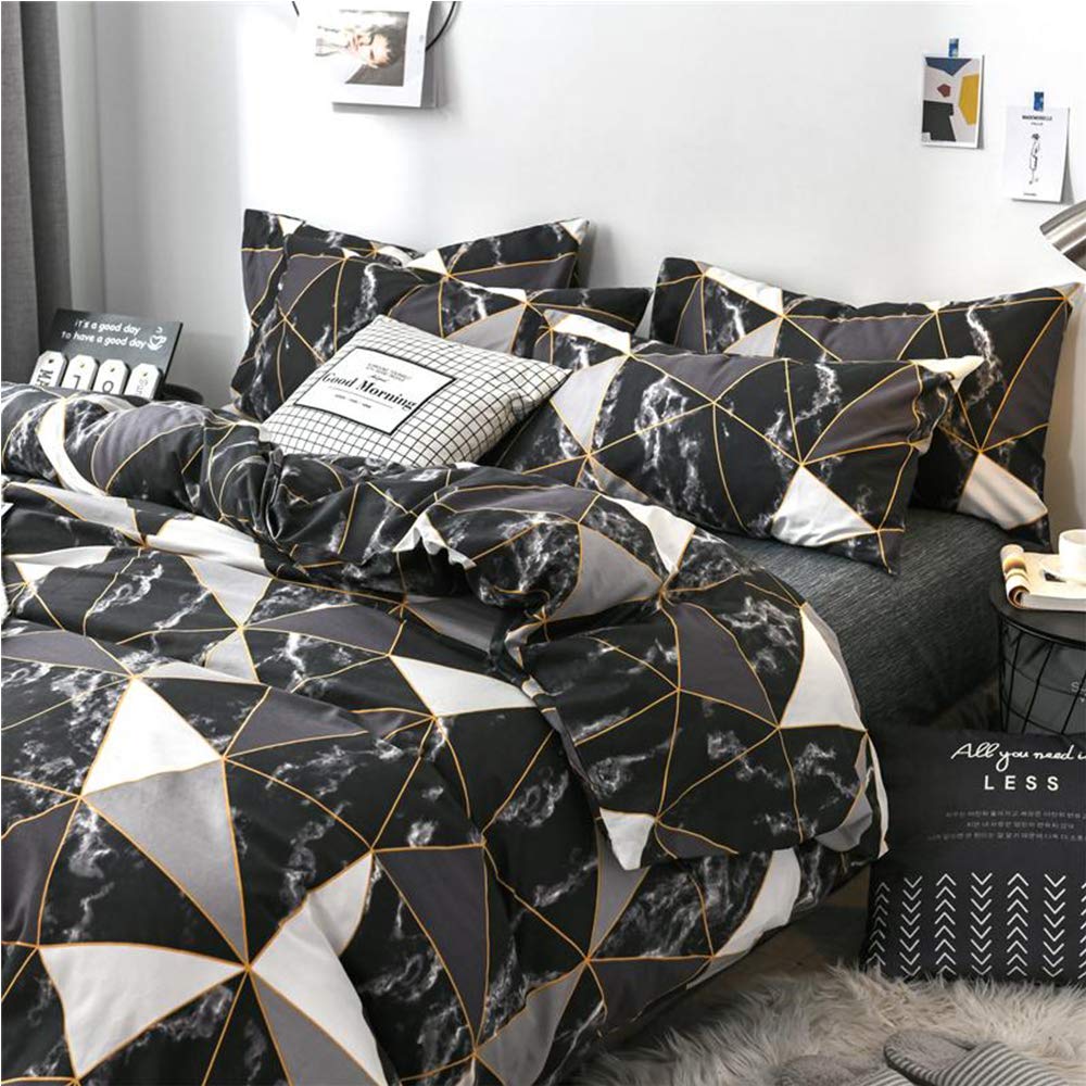 Clothknow Black Marble Comforter Set Full Geometric Bedding Comforter Men Boys Bed Comforter White Grey Triangle Bedding Comforter 3Pcs Black Comforter Sets Full Size