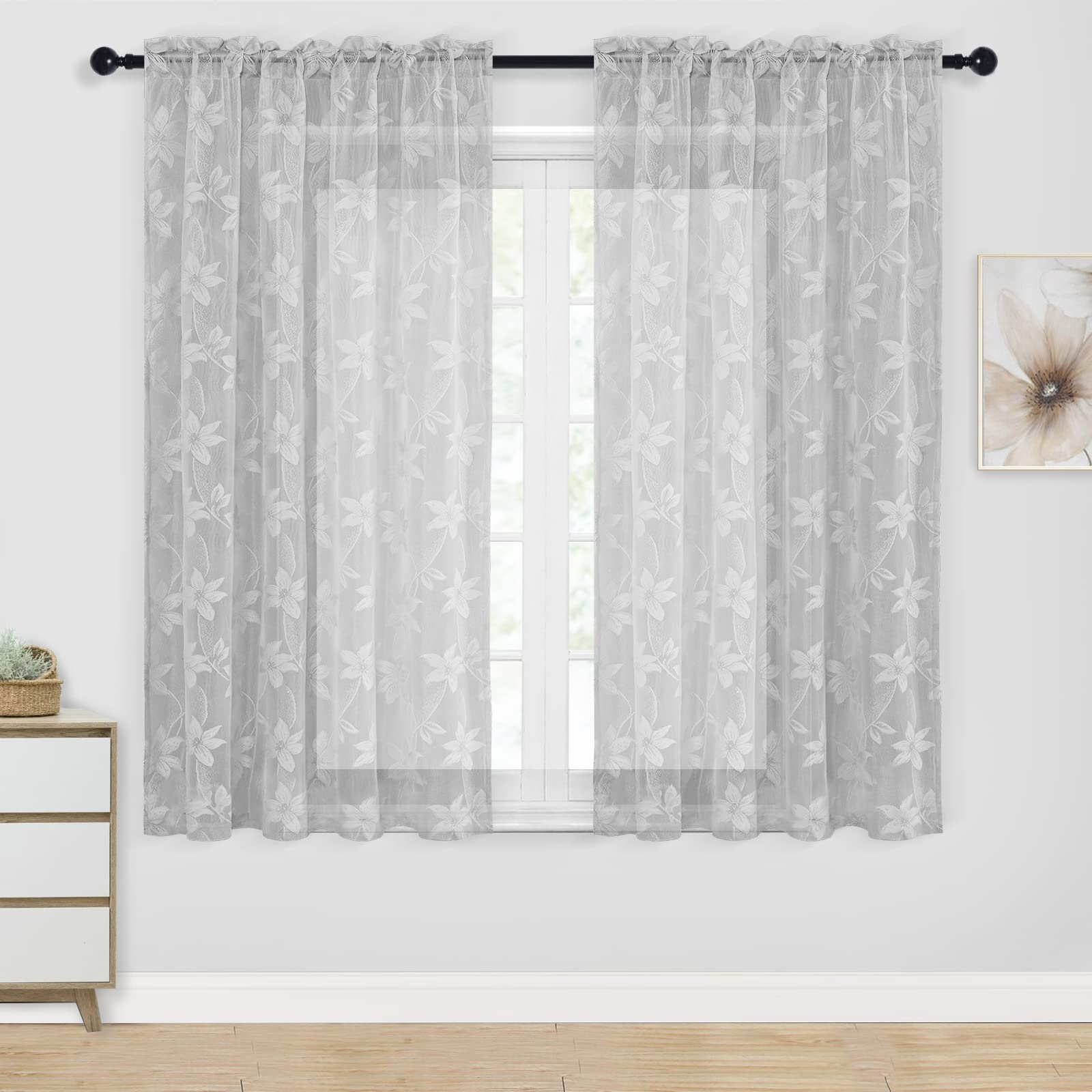 Dwcn Grey Floral Lace Sheer Curtains - Rod Pocket Window Voile Sheer Drapes For Bedroom Kitchen Short Curtains 52 X 45 Inch Leng
