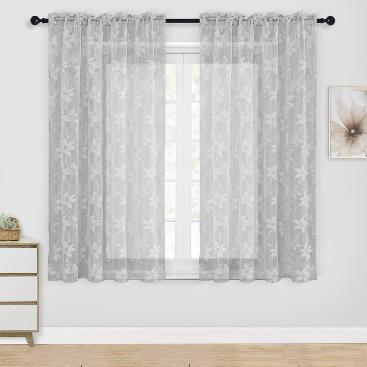 Dwcn Grey Sheer Curtains - Floral Lace Design Rod Pocket Window Voile Sheer Drapes For Bedroom Kitchen Short Curtains 52 X 54 In